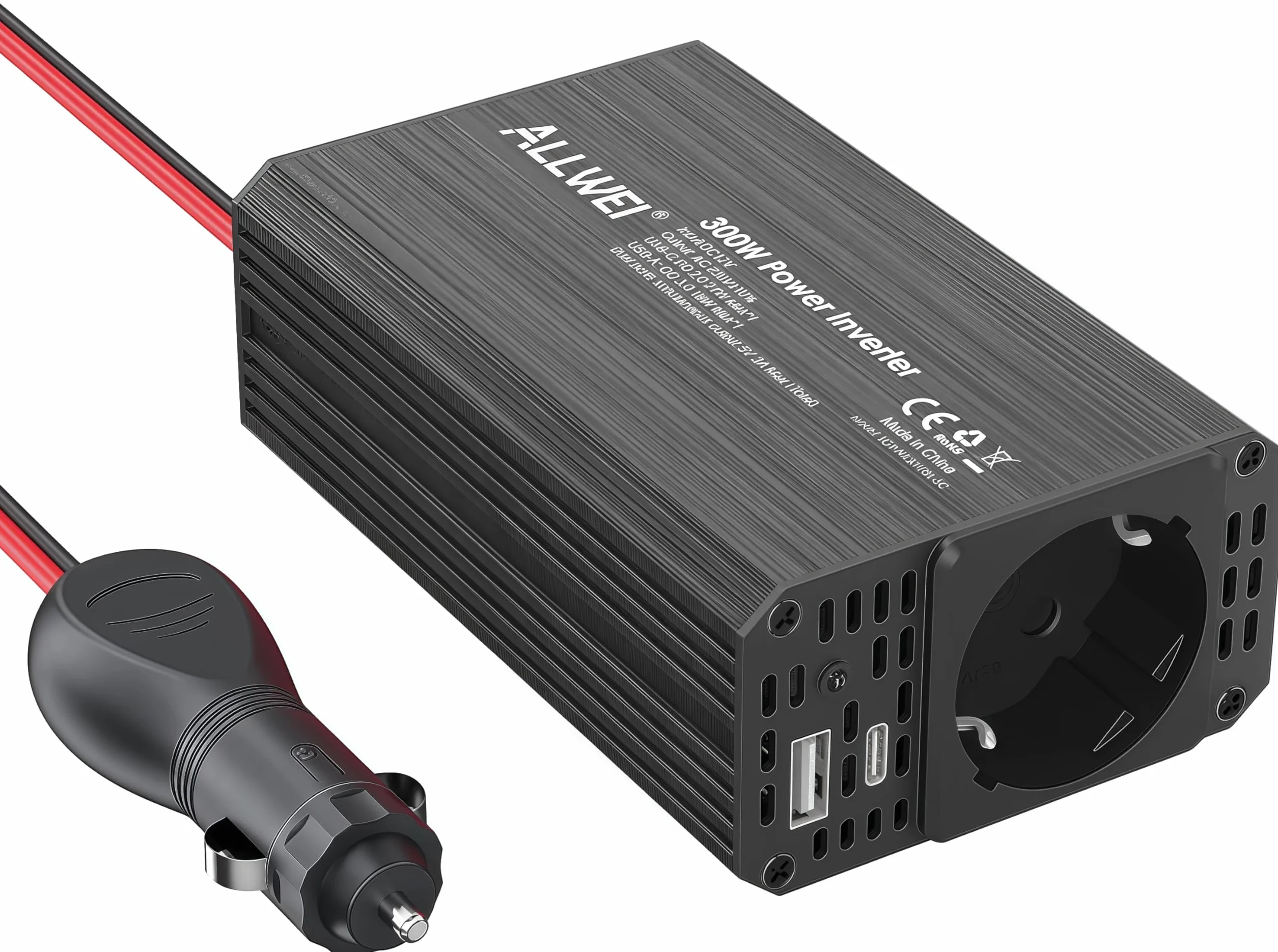 ALLWEI Przetwornica napięcia 300 W, 12 V na 230 V, przetwornica napięcia z przyłączem typu C i USB, inwerter 12 V 220 V, gniazdo samochodowe do samochodu, ładowania telefonów komórkowych, laptopów i