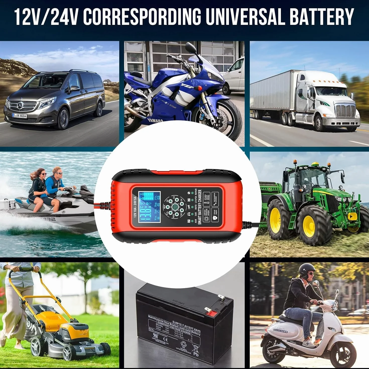 Ładowarka do akumulatora samochodowego, 12 V/24 V 10 A, w pełni automatyczna, inteligentna ładowarka podtrzymująca, ekran LCD, w pełni automatyczna ładowarka do samochodu, motocykla, kosiarki lub łodzi (czerwona)’