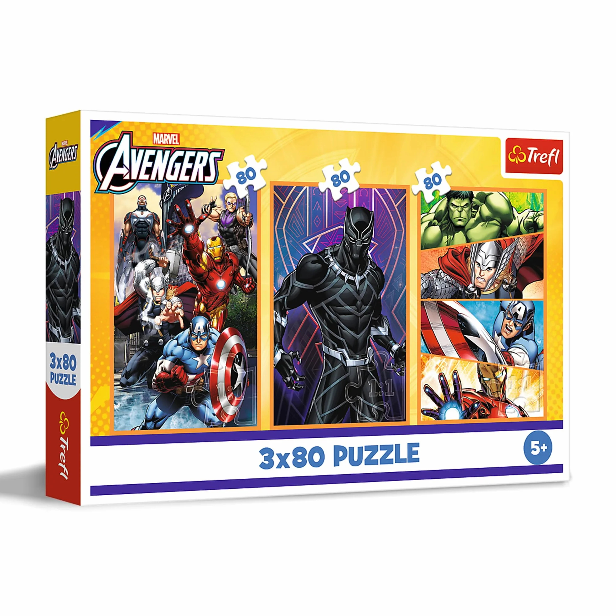 Trefl - Puzzle 3w1: Marvel The Avengers, Dni pełne akcji - 3 x 80 Elementów, Zestaw Trzech Układanek dla Dzieci od 5 lat