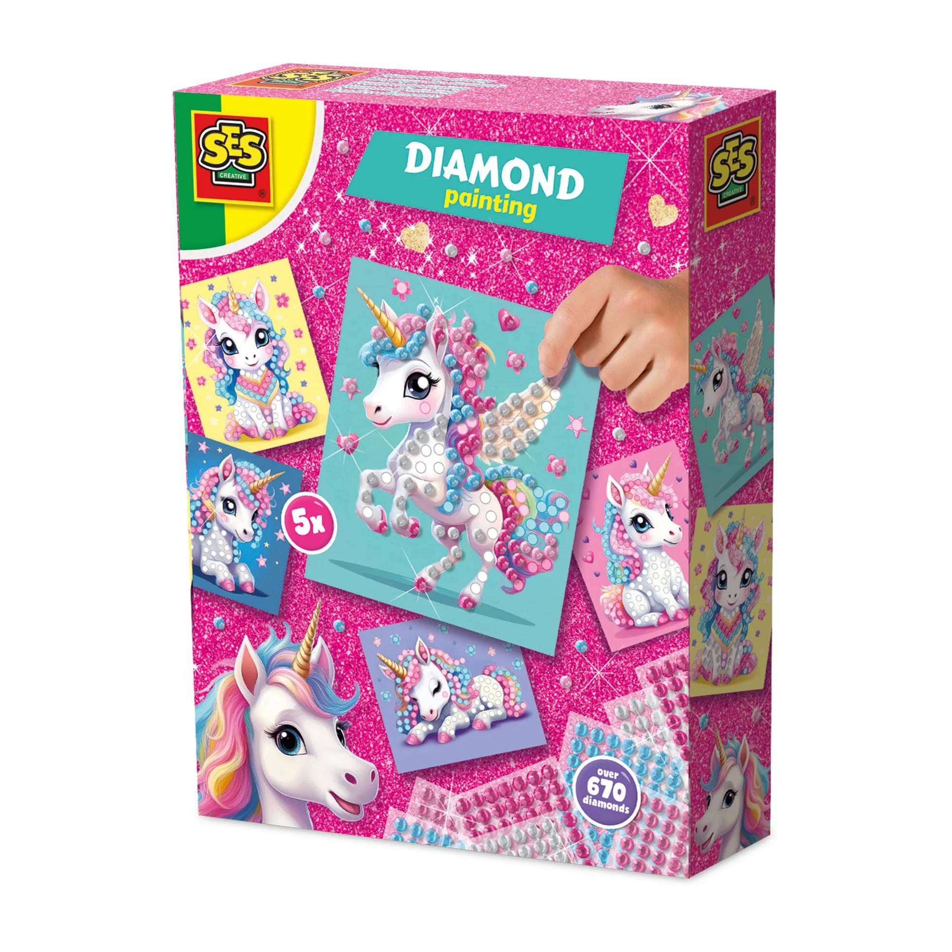 SES Creative 14726 Jednorożec - Malowanie diamentami - Kreatywny zestaw do majsterkowania dla dzieci w wieku od 3 lat - Udekoruj 5 kart jednorożca samoprzylepnymi naklejkami diamentowymi