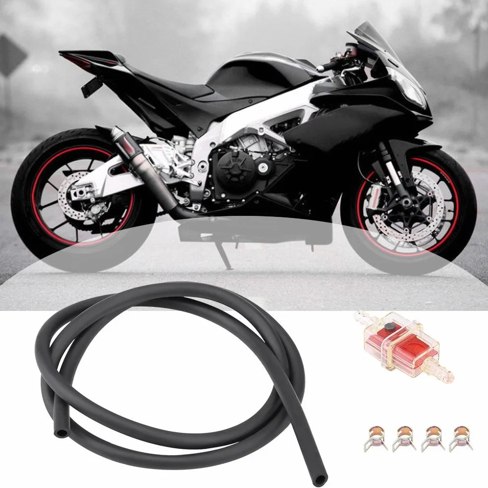 6 mm 1/4 cala kwadratowy filtr paliwa do skutera motocyklowego + wąż paliwowy + zestaw zacisków liniowych (czerwony). - do węża benzynowego 6 mm ID do motocykli