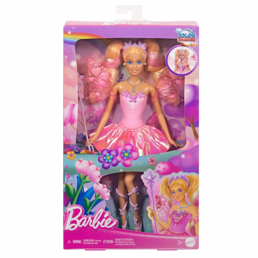 Barbie Wróżka Lalka z różdżką i akcesoriami modowymi, baśniowy motyw i zmiana koloru na skrzydełkach i stroju, JCP76