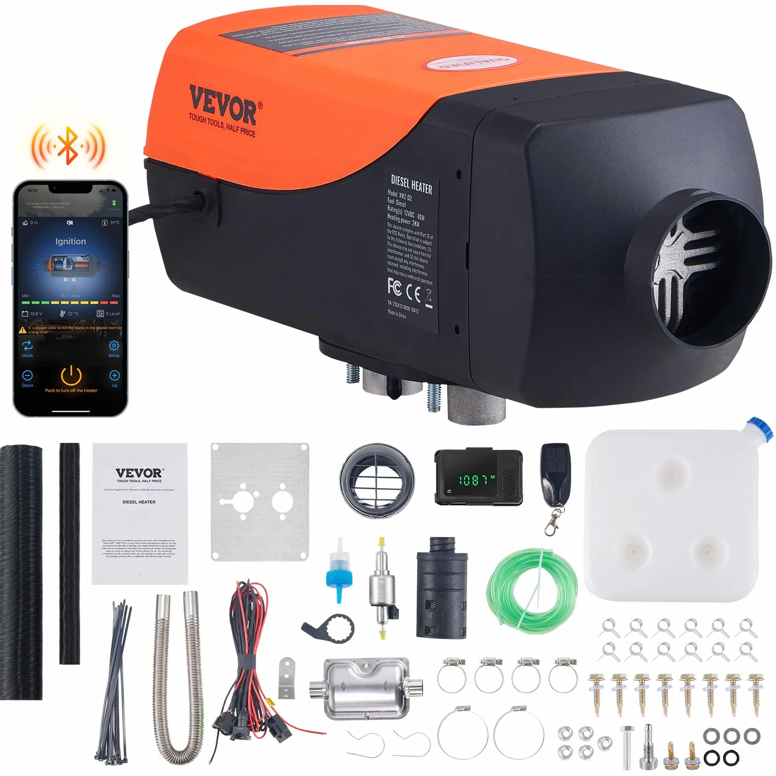 VEVOR Nagrzewnica powietrza na olej napędowy 12V 2kW 0,12-0,26 l/h z LCD i pilotem