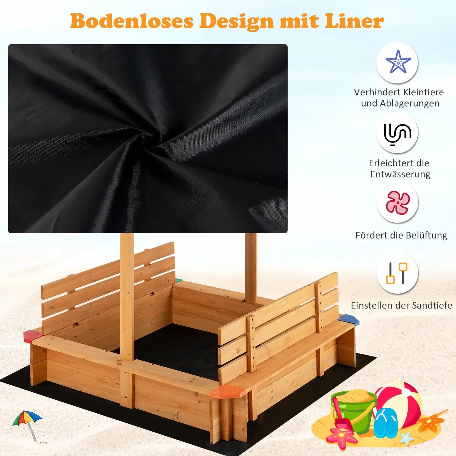 COSTWAY piaskownica z dachem, 120 x 120 cm, piaskownica z drewna cedrowego, duża piaskownica z 2 ławkami do siedzenia, z obiciem podłogowym, bezpodłogowa, wysokość siedziska 21 cm