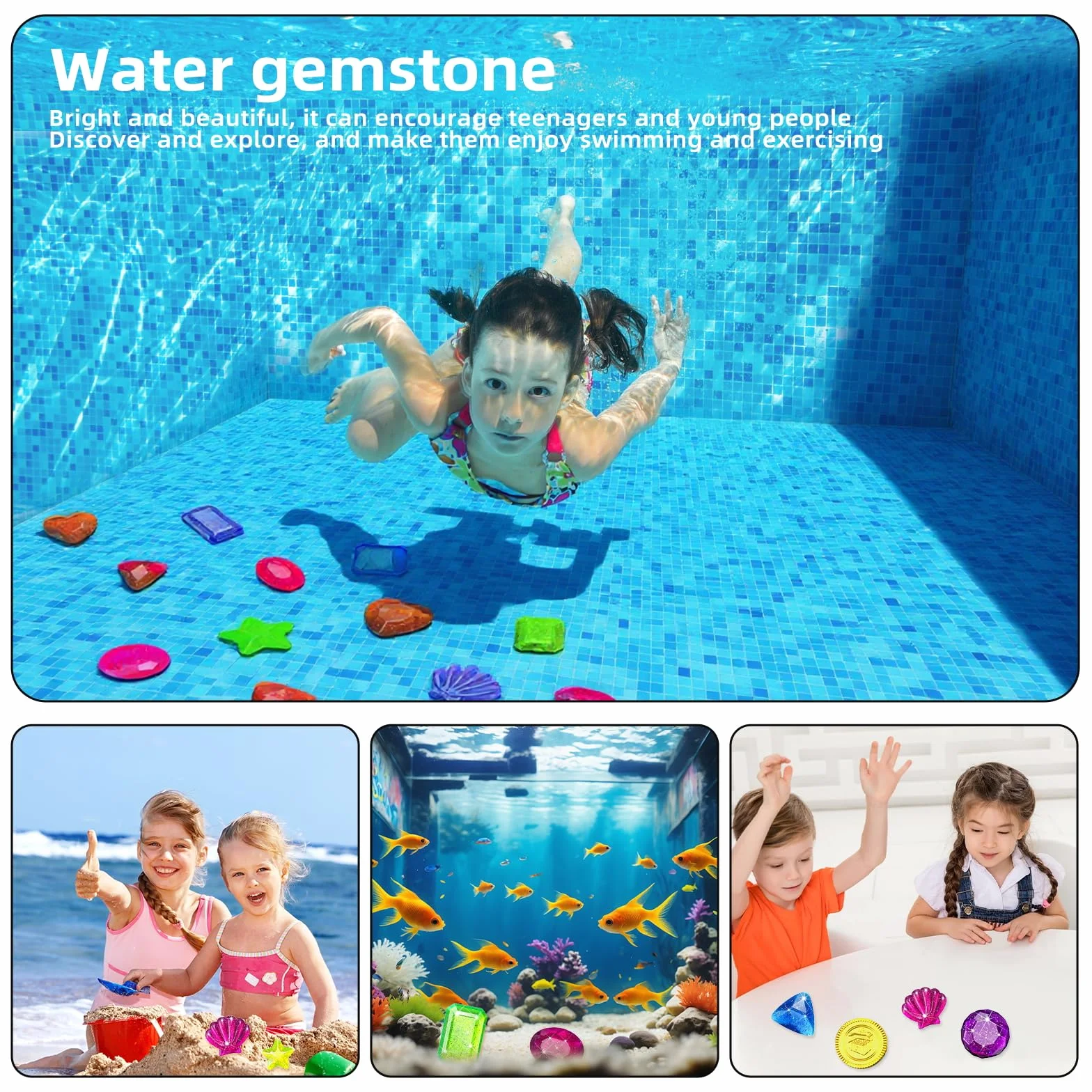 Guidre 16 sztuk zabawek do pływania i 50 złotych monet, do nurkowania z kamieniami szlachetnymi, zabawka do nurkowania dla dzieci, kolor losowy