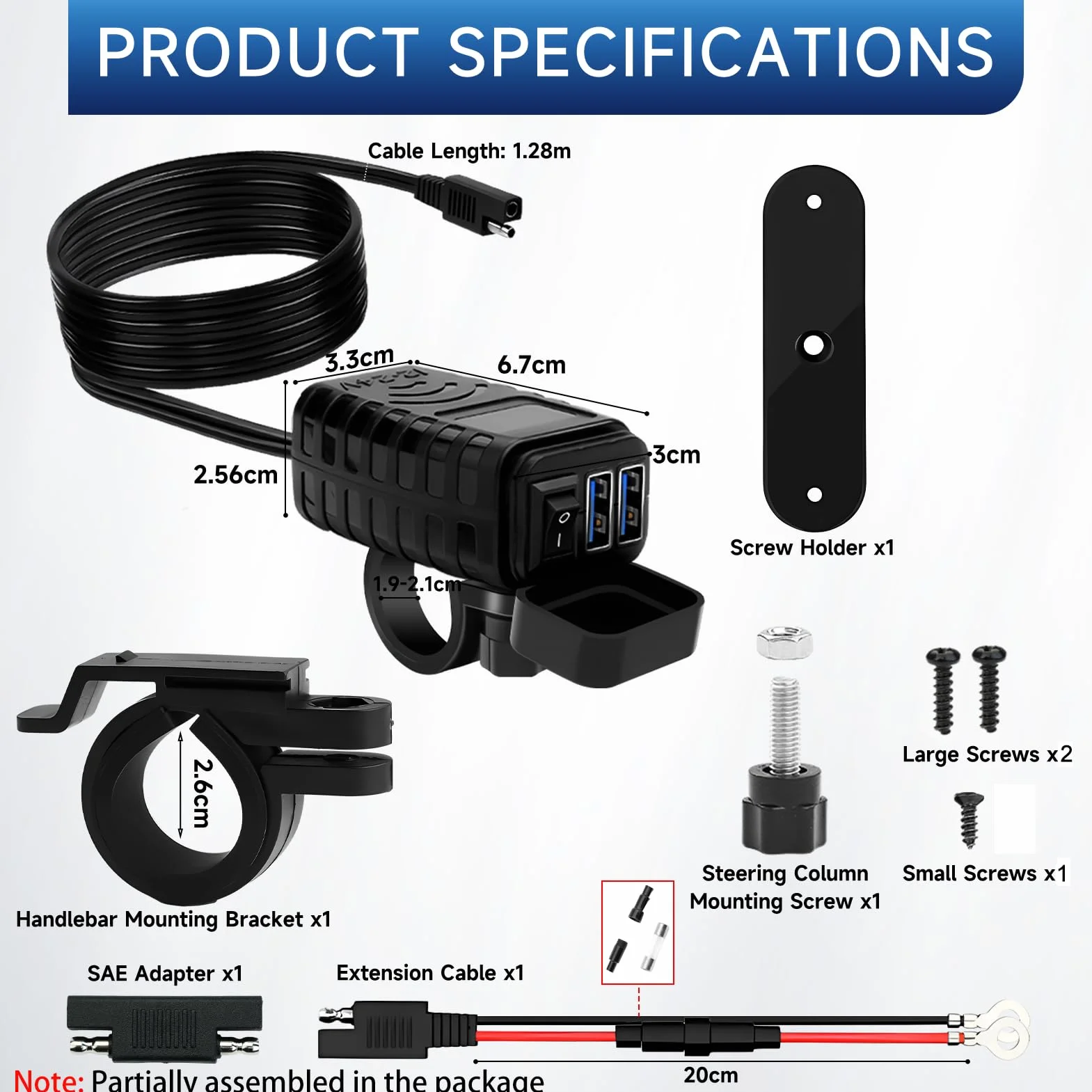 Thlevel Ładowarka USB do Motocykla Quick Charge 3.0 USB-C 12-24V z Wyłącznikiem i Czujnikiem Napięcia LED