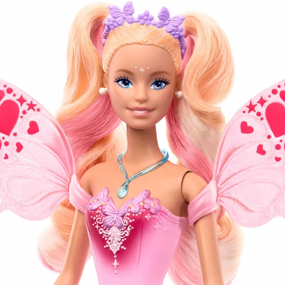 Barbie Wróżka Lalka z różdżką i akcesoriami modowymi, baśniowy motyw i zmiana koloru na skrzydełkach i stroju, JCP76