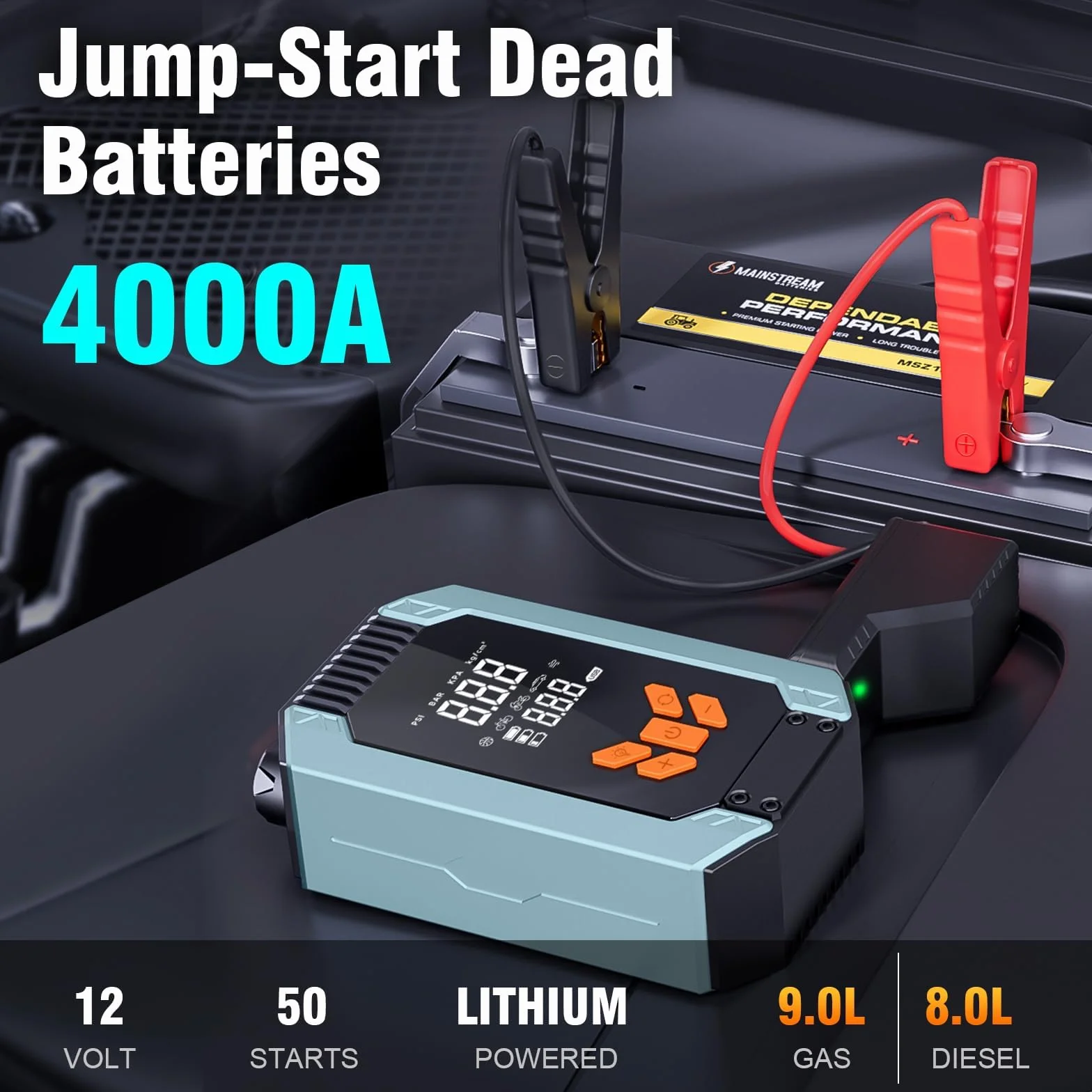 Starthilfe Powerbank z kompresorem, 150PSI 4000A Starthilfe do samochodów na benzynę 9,0L i olej napędowy 8,0L, 12V Powerbank do rozruchu z wyświetlaczem LCD, latarką LED, wskaźnikiem