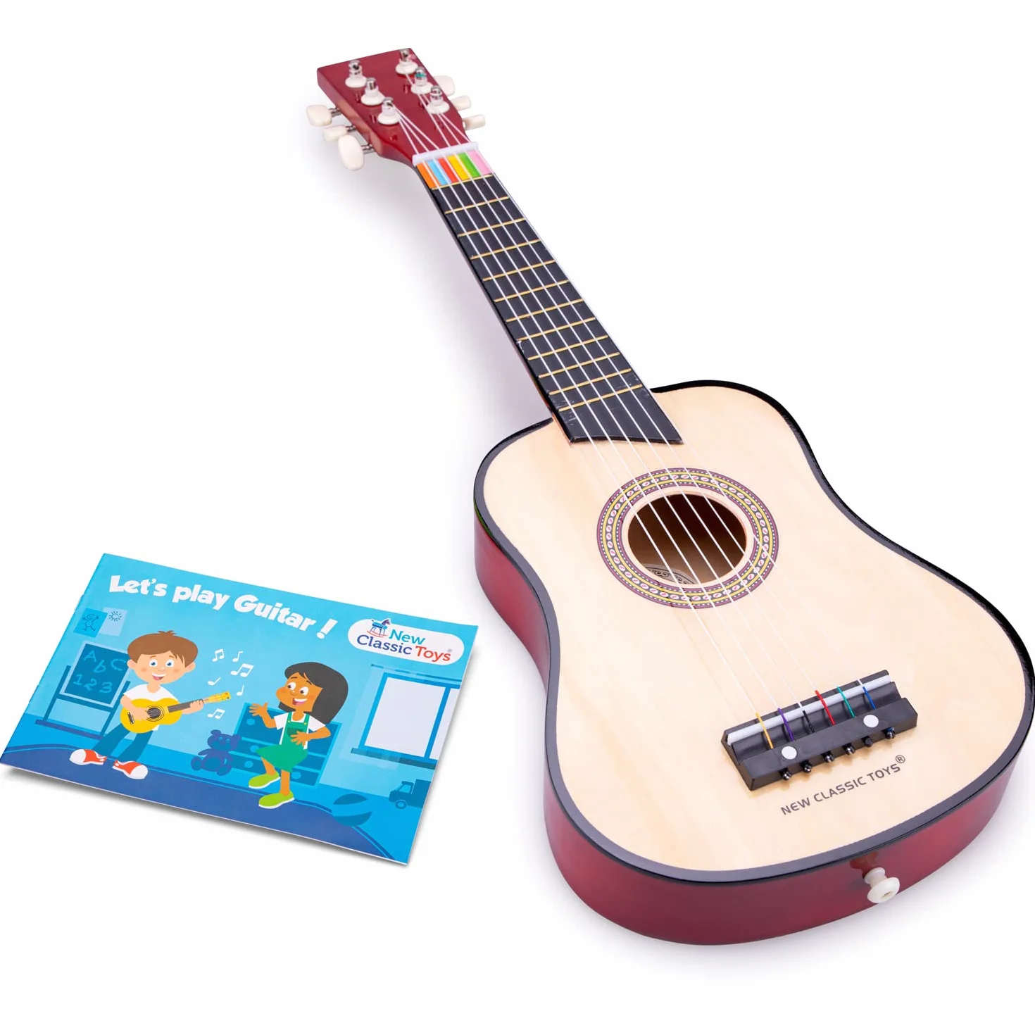 New Classic Toys 10304 Drewniana zabawka gitarowa dla małych dzieci 3 chłopców i dziewcząt prezenty dla niemowląt, instrumenty muzyczne dla dzieci w wieku trzech lat inkluzywny książka, czerwona,