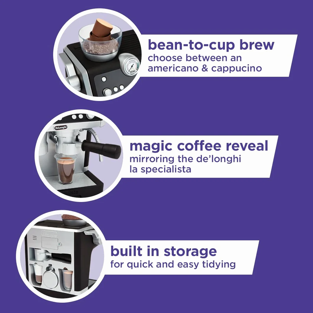 Casdon De'Longhi Toys. Barista ekspres do kawy, zabawkowy zestaw kuchenny dla dzieci z ruchomymi częściami, realistyczne dźwięki i magiczne ujawnienie kawy, dla dzieci w wieku od 3 lat, srebrny