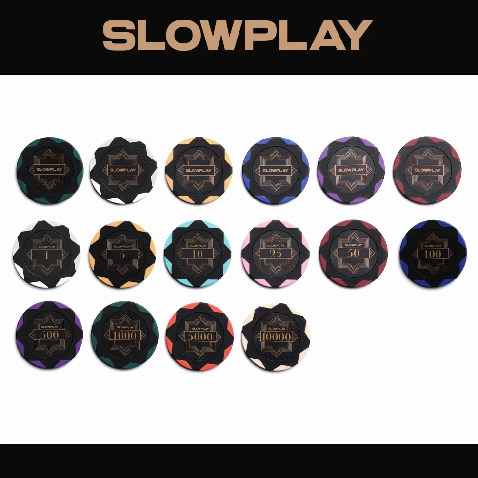 Gliniane żetony pokerowe Nash marki SLOWPLAY, 14 gramów, mieszanka gliny ceramicznej i tworzywa sztucznego, numerowane żetony z nominałami i czipy blankietowe(50)