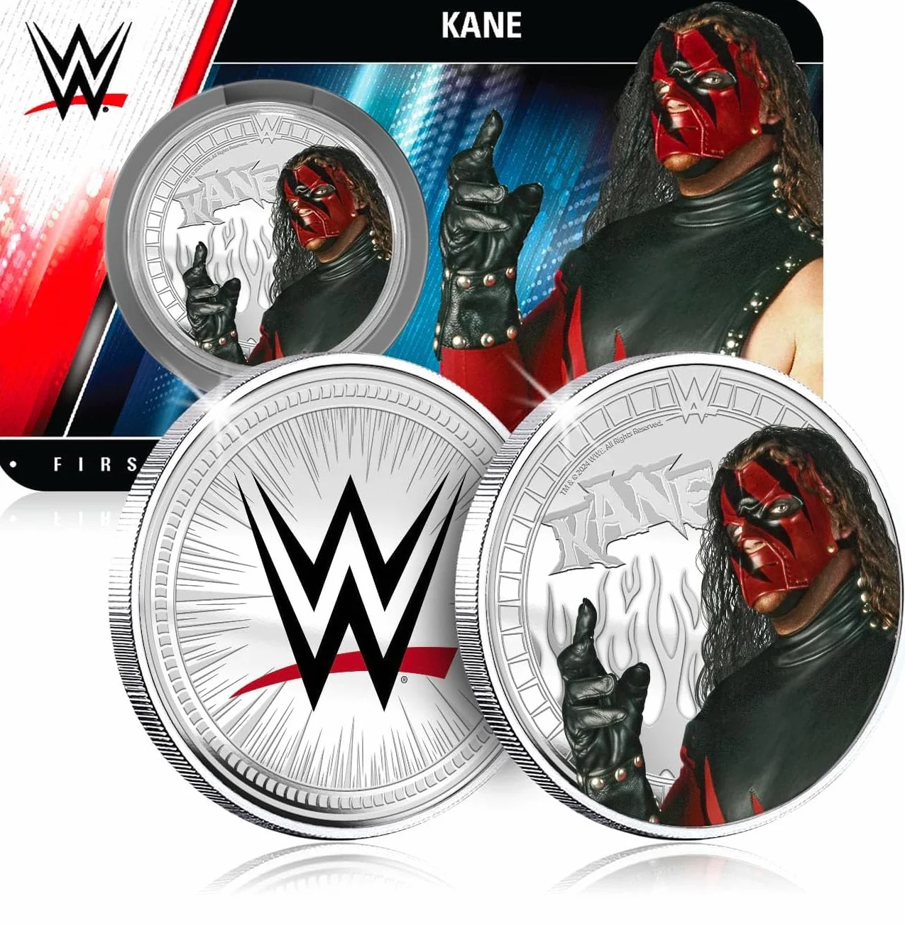 FANTASY CLUB Kane WWE 32 mm Oficjalna moneta kolekcjonerska – hołd dla czerwonego potwora i legendy o ekstremalnych walkach – edycja limitowana dla fanów i kolekcjonerów