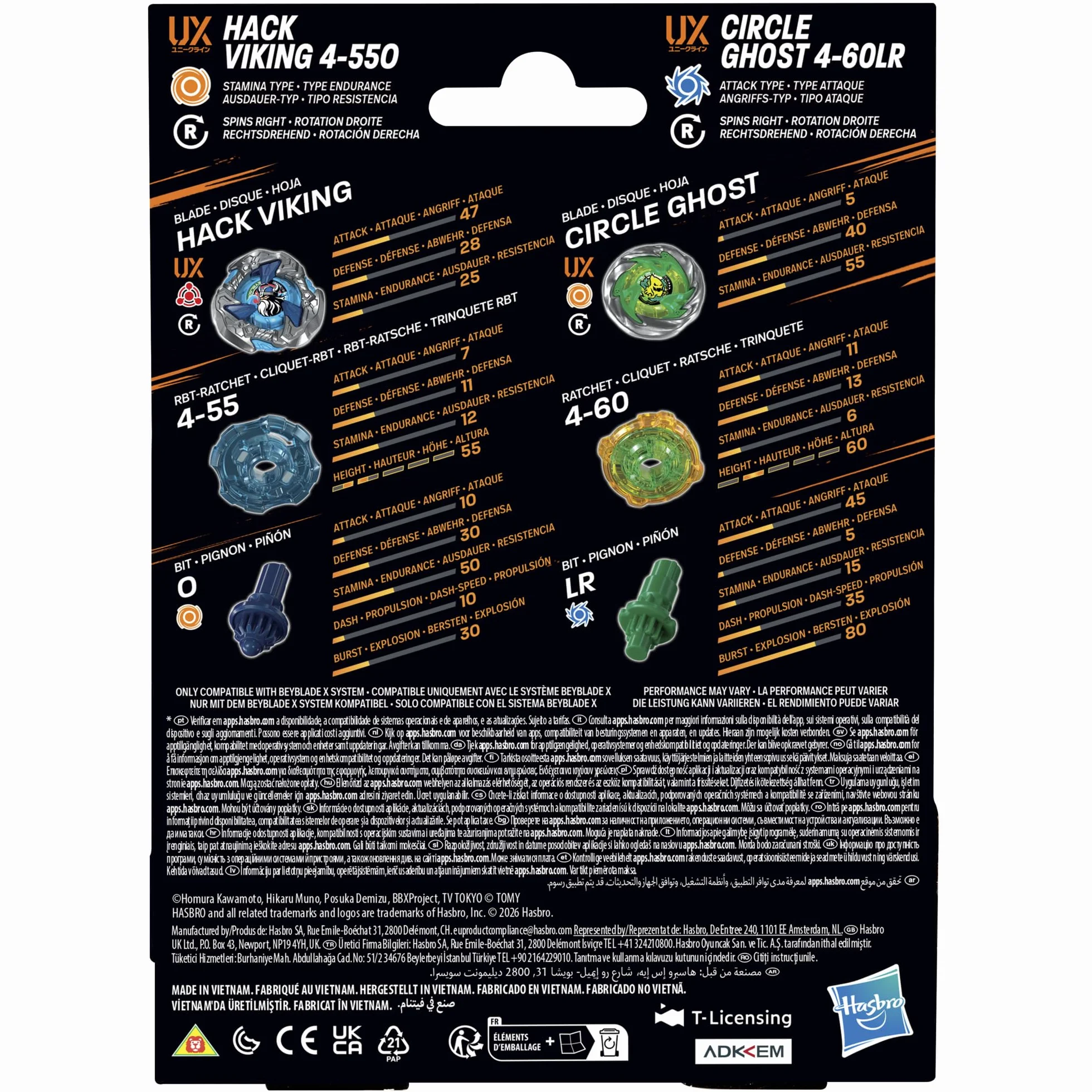 Dwupak bączków Beyblade X Circle Ghost 4-60LR UX i Hack Viking 4-55O UX, 2 prawoskrętne bączki Takara Tomy, zabawkowe bączki, wiek: od 8 lat