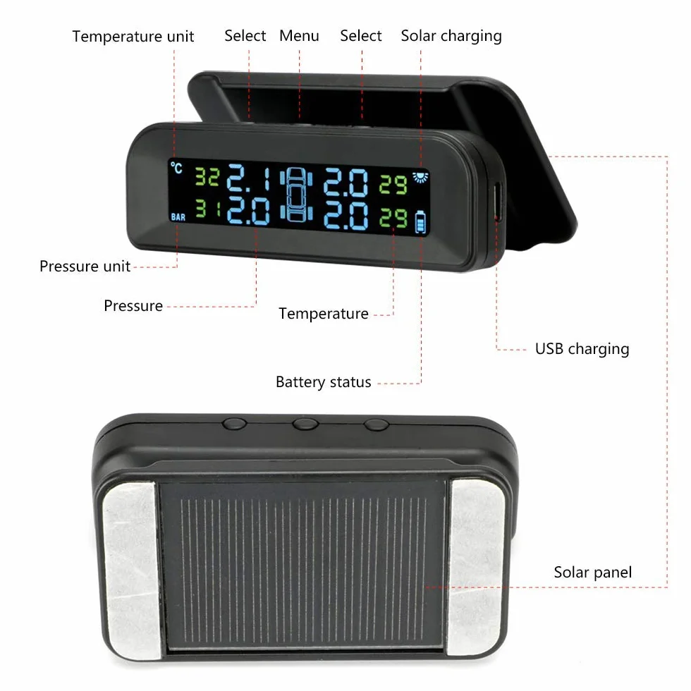 Jansite TPMS solarny system kontroli ciśnienia w oponach 22–87 Psi 4 czujniki zewnętrzne bezprzewodowy alarm