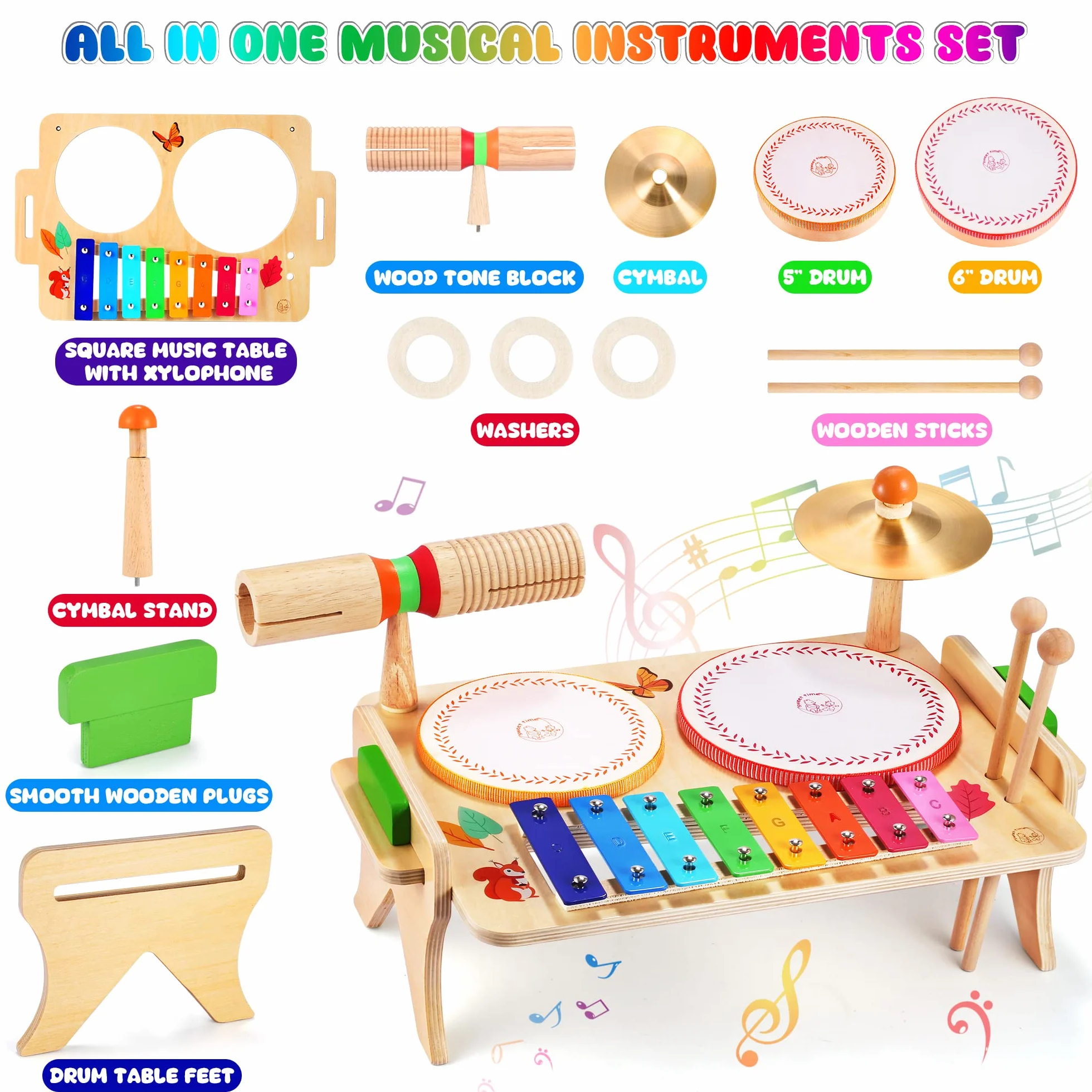 Sweet Time Bęben dla Niemowląt - Instrument Muzyczny, Zestaw Perkusyjny dla Dzieci, Drewniany Stół Muzyczny, Zabawki Montessori dla Chłopców i Dziewcząt
