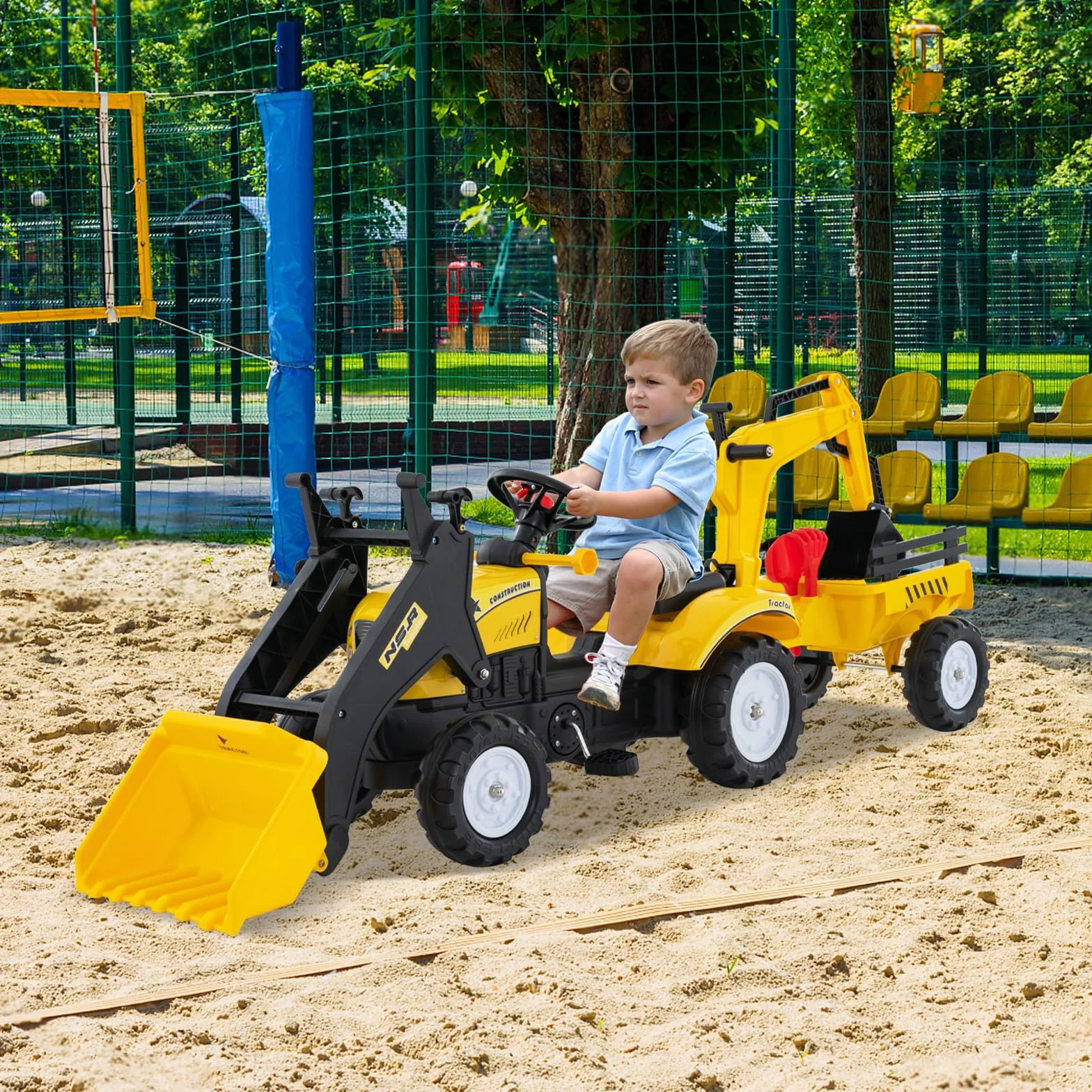 COSTWAY Traktor na pedały, dla dzieci ze zdejmowaną przyczepą i szuflą do grobu, koparko-ładowarka, obciążenie do 35 kg, koparka do siedzenia dla dzieci w wieku 3-6 lat (żółty)