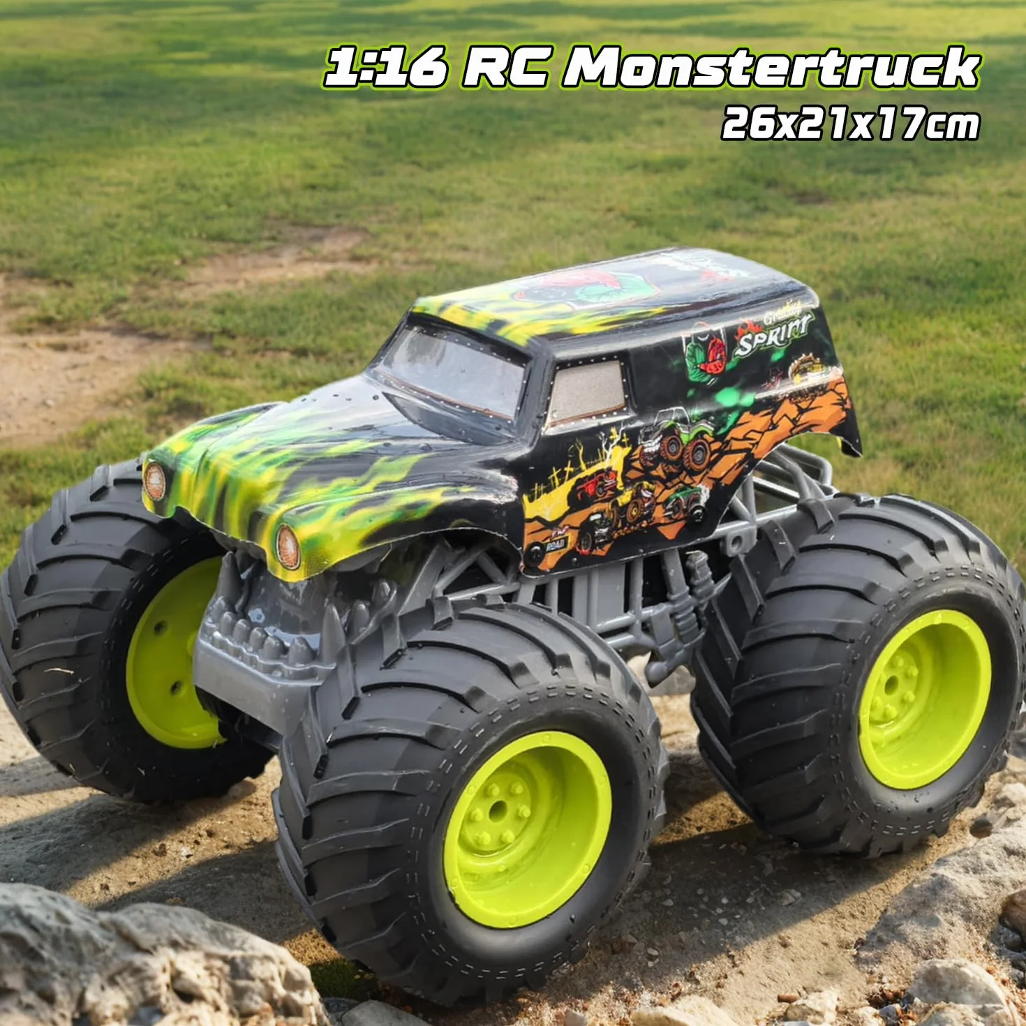 Zdalnie Sterowany Monster Truck 1:16, 2,4 GHz dla Dzieci od 4 Lat - Amfibia z Światła, Robi Wheelie, Staje Dęba, Obroty 360° - Auto RC dla Chłopców i Dziewczynek