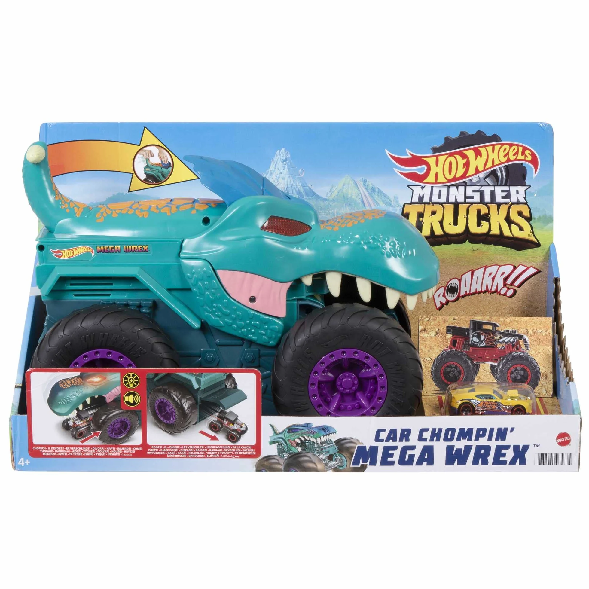 Hot Wheels Monster Trucks Pożeracz aut Mega Wrex Duży pojazd ze światełkami i efektami dźwiękowymi, „pożera” i „wypuszcza” metalowe autka i Monster Trucki w skali 1:64, od 4 roku życia, GYL13