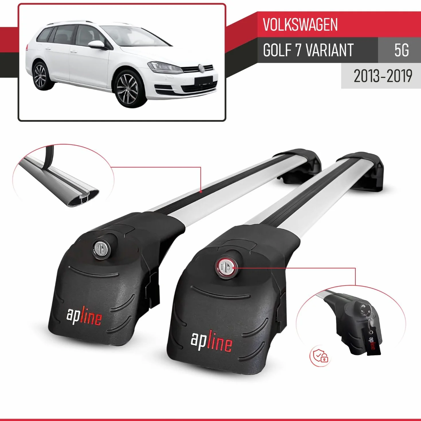 Kompatybilny z Volkswagen Golf 7 (5G) Variant 2013-2019 ACE-2 Model Aluminiowy bagażnik dachowy – 2 poprzeczki, szary
