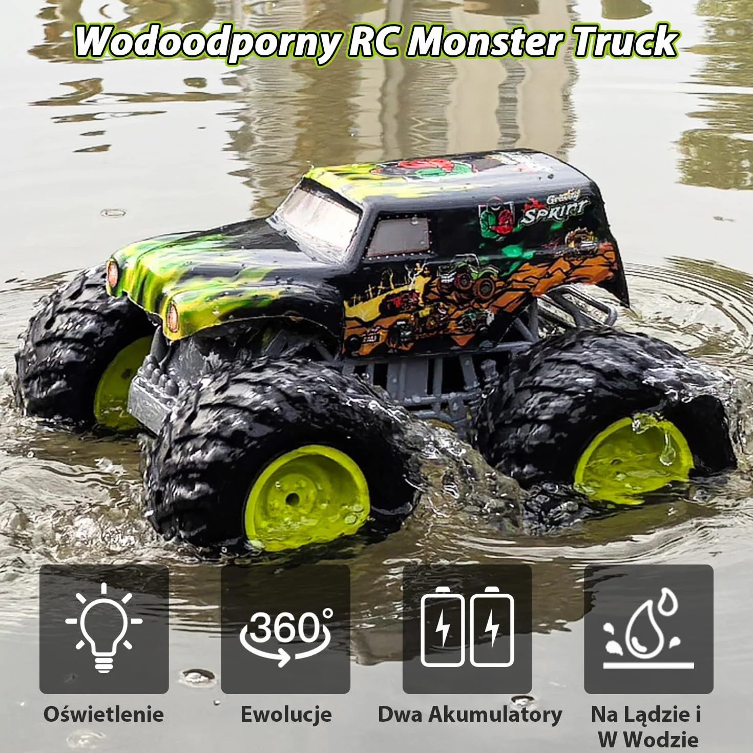 Zdalnie Sterowany Monster Truck 1:16, 2,4 GHz dla Dzieci od 4 Lat - Amfibia z Światła, Robi Wheelie, Staje Dęba, Obroty 360° - Auto RC dla Chłopców i Dziewczynek