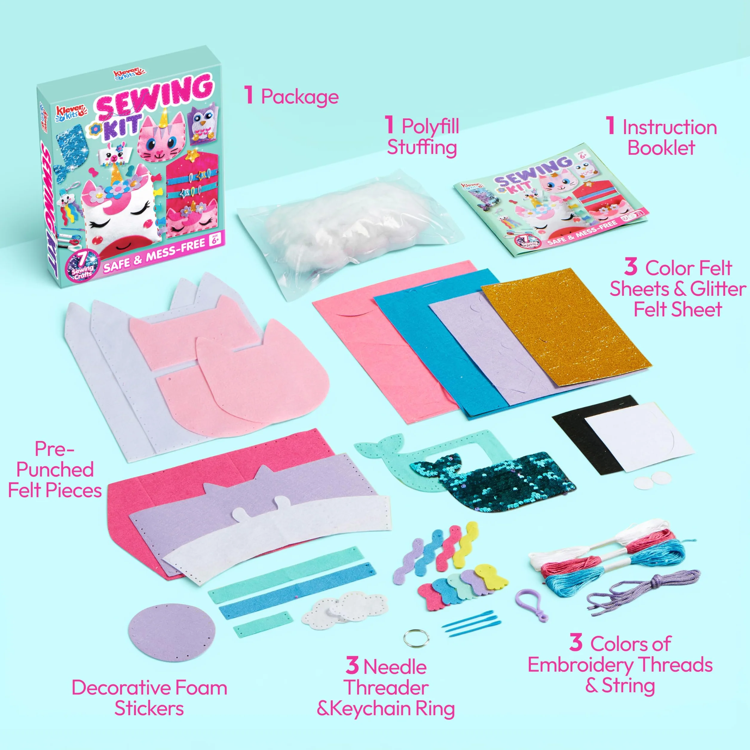 Klever Kits Pierwszy filcowy zestaw do szycia dla dzieci 6-10 lat, 7 DIY prac, poduszki z jednorożcem, etui na karty syrenki