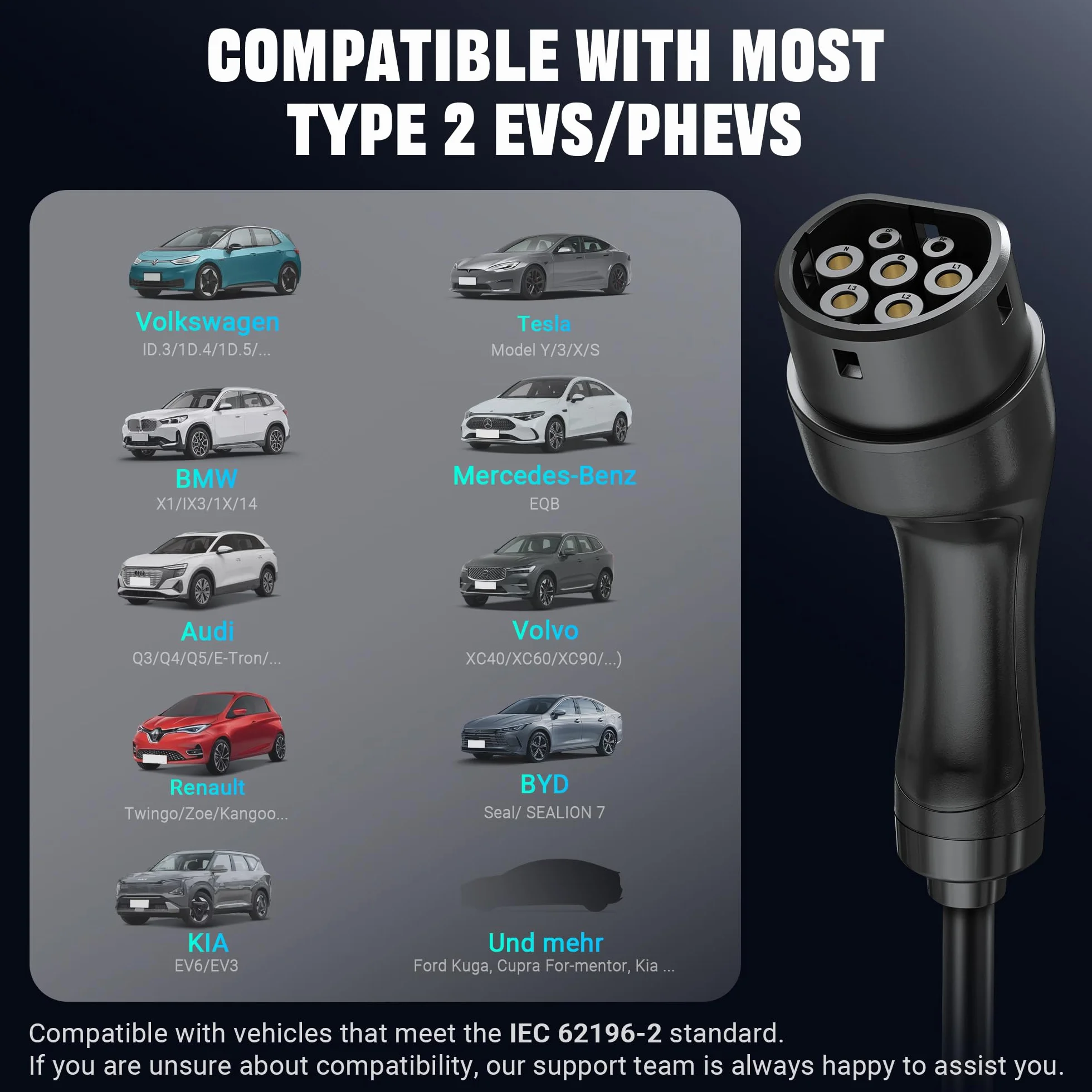 Tera Mobile Wallbox EV ładowarka 11 kW CEE 16A typ 2 IP66 3-fazowa 7,5 m 2,8" wyświetlacz cyfrowy