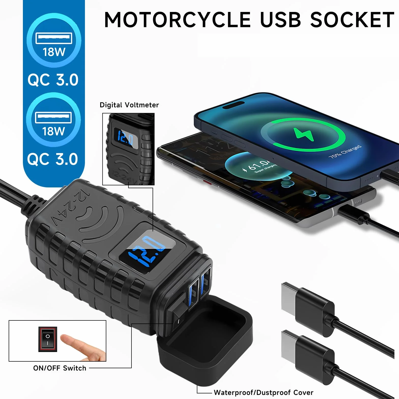Thlevel Ładowarka USB do Motocykla Quick Charge 3.0 USB-C 12-24V z Wyłącznikiem i Czujnikiem Napięcia LED