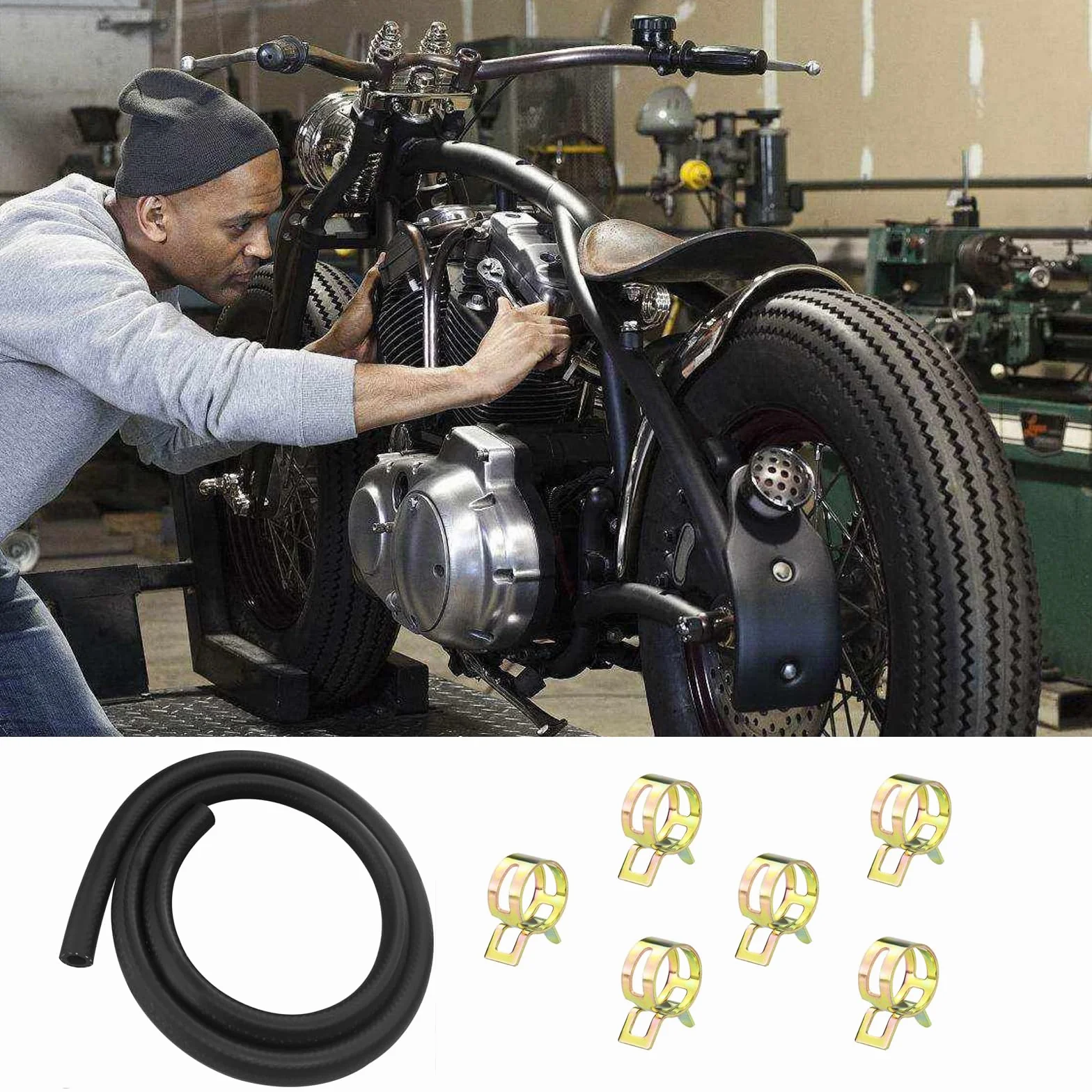 Wąż paliwowy 1 m, średnica wewnętrzna 8 mm, z 6 opaskami zaciskowymi, do motocykli, kosiarek