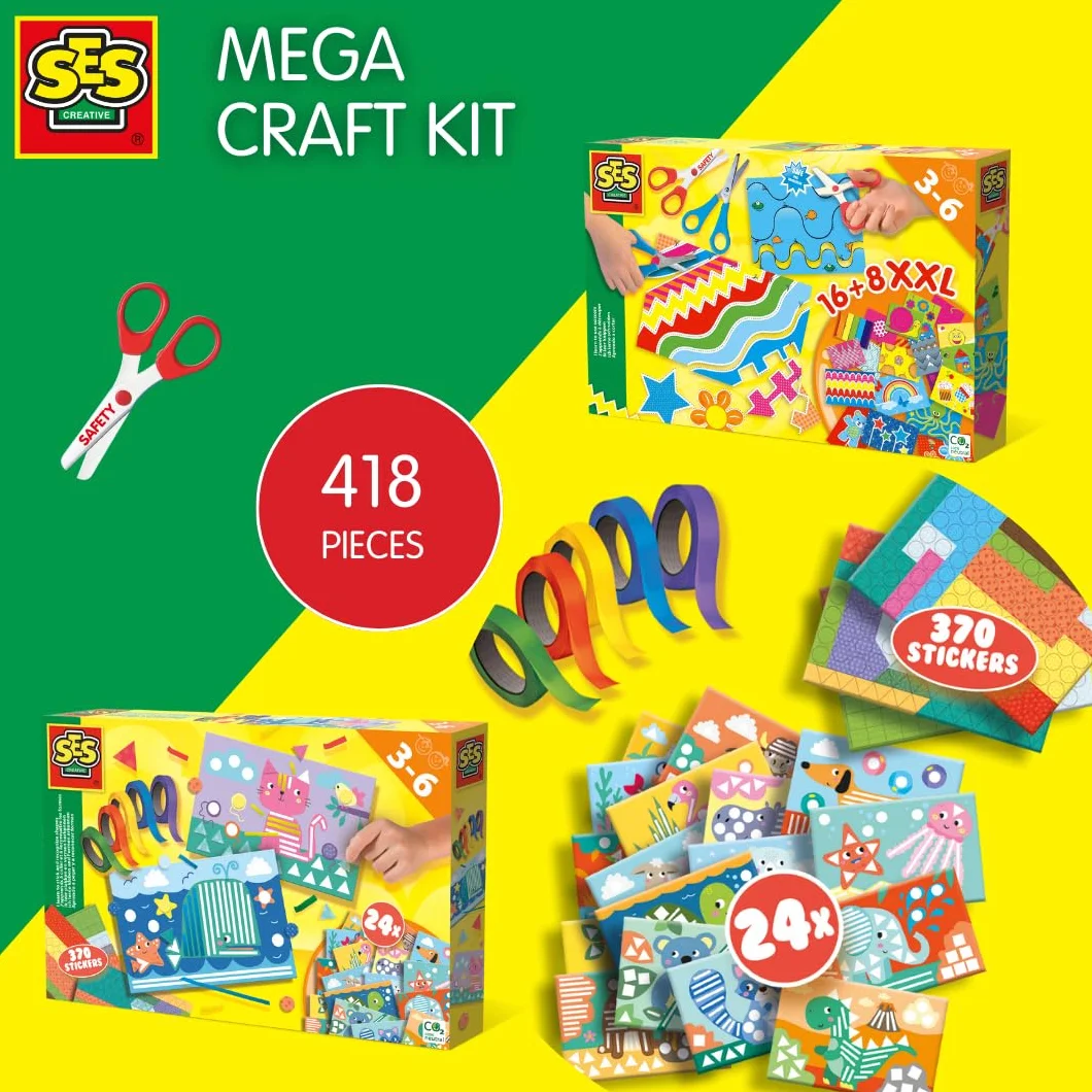 SES Creative 10124 10124-Mega zestaw dla dzieci, 418 sztuk, uczę się przyklejać i używać nożyczek, pudełko rzemieślnicze 3 lata plus