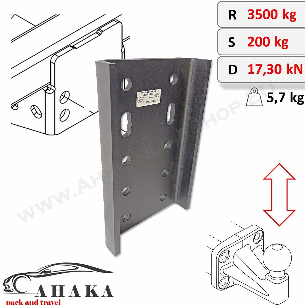Bardzo długa płyta adapterowa, regulacja wysokości do haka AHK-Bock, do 2 otworów 90 mm i 4 otworów, 83 x 56 mm, hak holowniczy