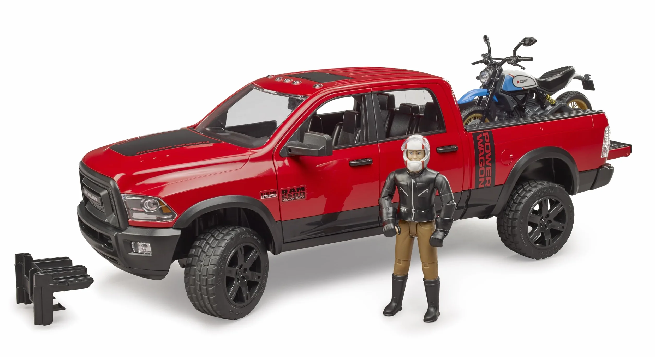 bruder 02502 - RAM 2500 Power Wagon z Ducati Desert Sled i kierowcą, pojazd terenowy, jeep, motocykl, pojazd