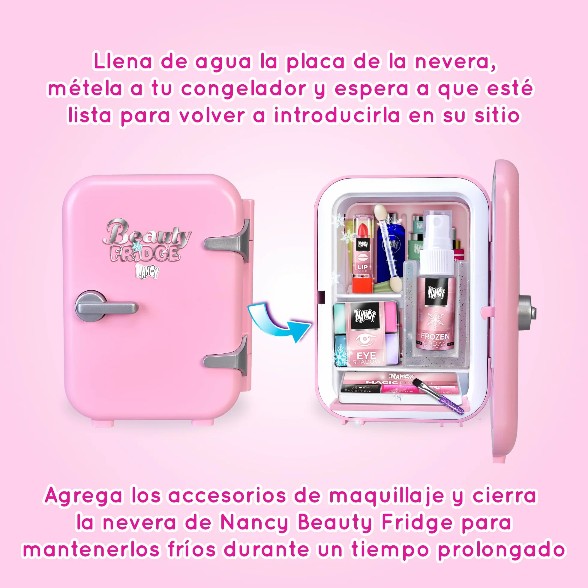 Nancy Beauty Fridge Lalka z akcesoriami do makijażu i lodówką z tacką na lód dedykowana jej kosmetykom dla dziewczynek + 3 lat, słynna (NAC74000)