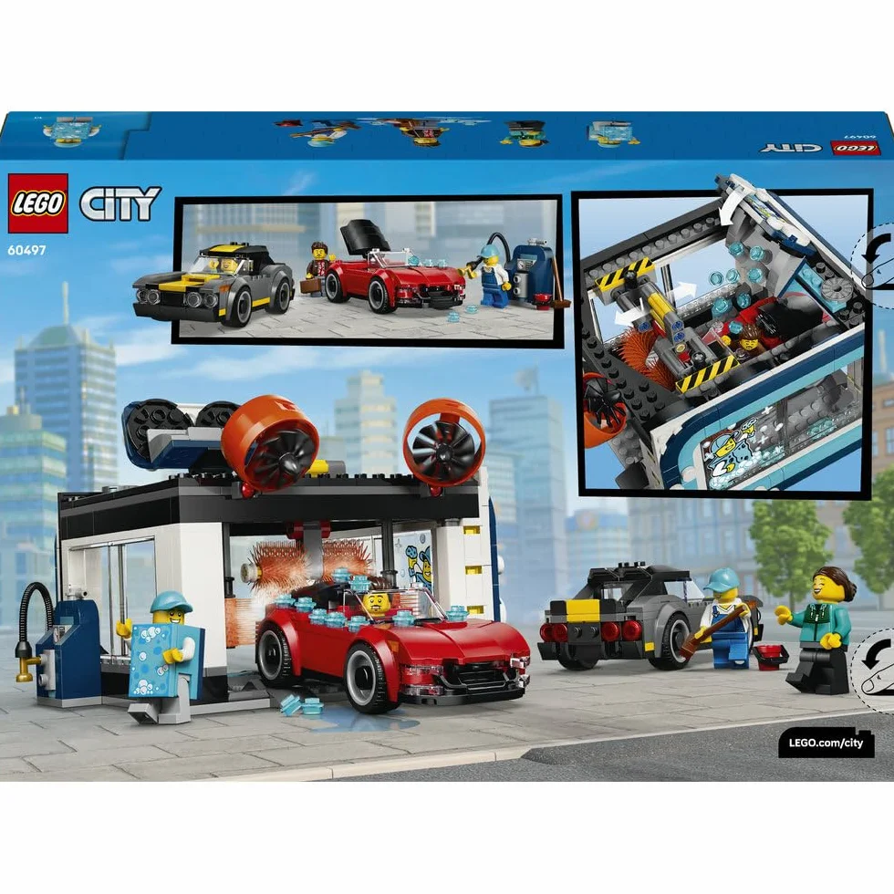 LEGO City Automatyczna myjnia samochodowa, zabawka konstrukcyjna dla dziecka, zestaw z 2 samochodami, pomysł na prezent dla chłopca lub dziewczynki od 6 lat 60497