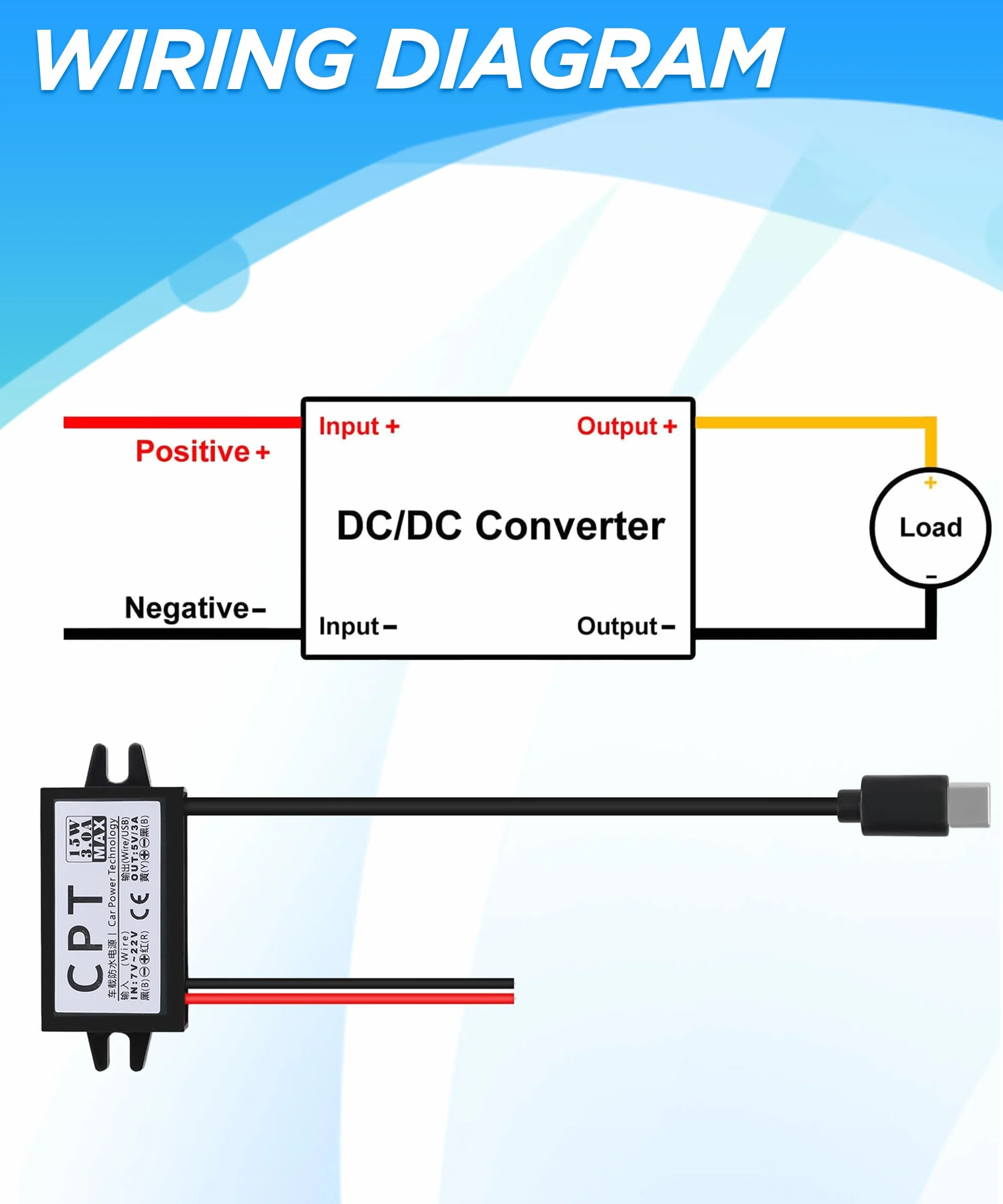 Konwerter mocy do samochodu, wodoodporny konwerter DC-DC 12 V do 5 V 3 A ze złączem adaptera typu C, regulatorem napięcia samochodowego USB, odpowiedni do pojazdów, ciężarówek, przyczep