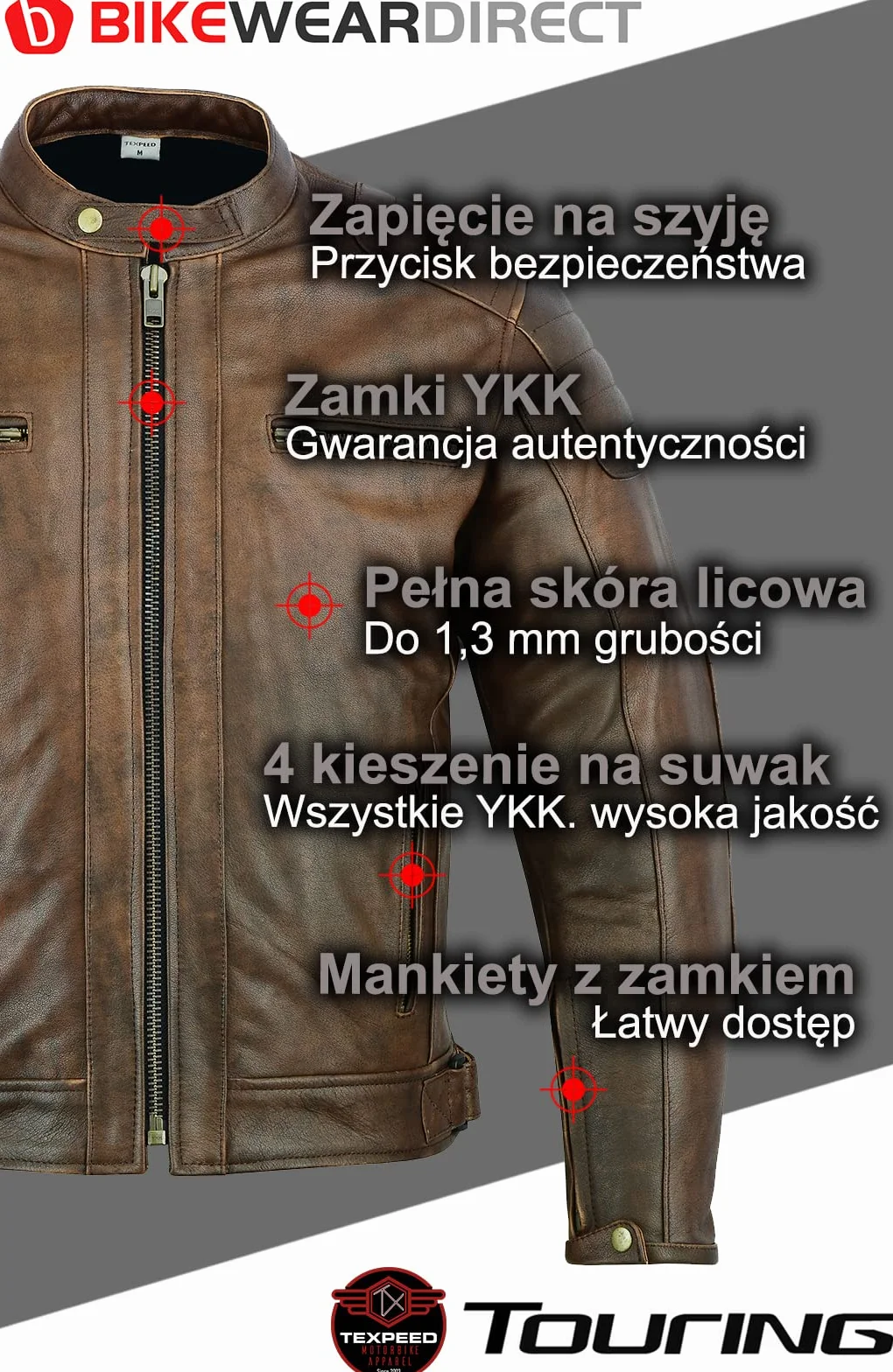 Texpeed Kurtka motocyklowa skóra z pancerzem CE EN 1621-1 Brązowy M 4 sezony