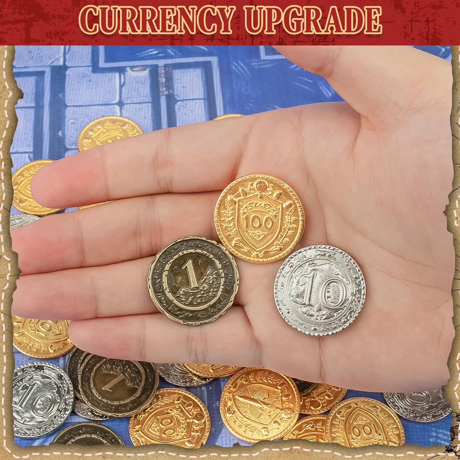 Byhoo 50 metalowych monet DND, 3 cm złote srebrne miedziane żetony o wartości nominalnej do gier planszowych i RPG stołowych, fantastyczne metalowe monety na piracką grę imprezę cosplay