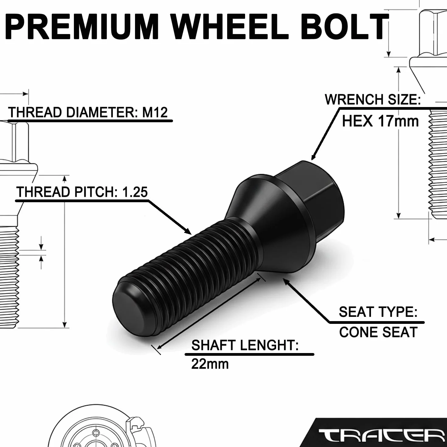 TRACER 20 śrub do kół bolce koła M12x1,25 22 mm stożkowy czarny HEX17
