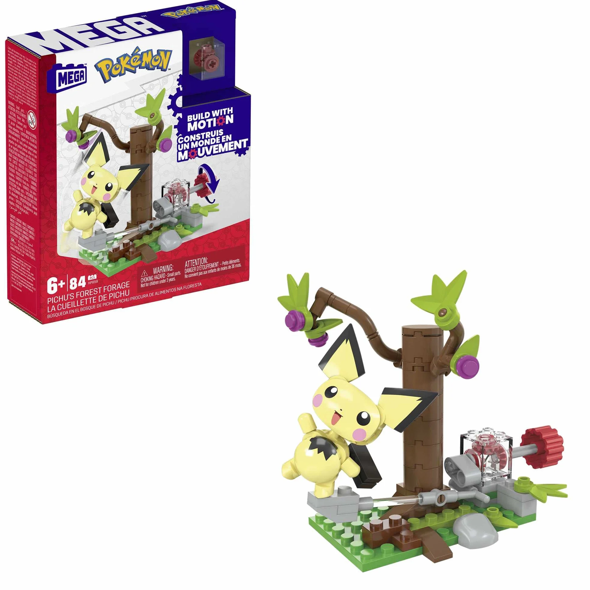 MEGA Pokemon Leśna przygoda Pichu Zestaw klocków (84 elementy) z funkcją ruchu oraz 1 figurką do zbudowania i ustawiania w różnych pozach, HPB59