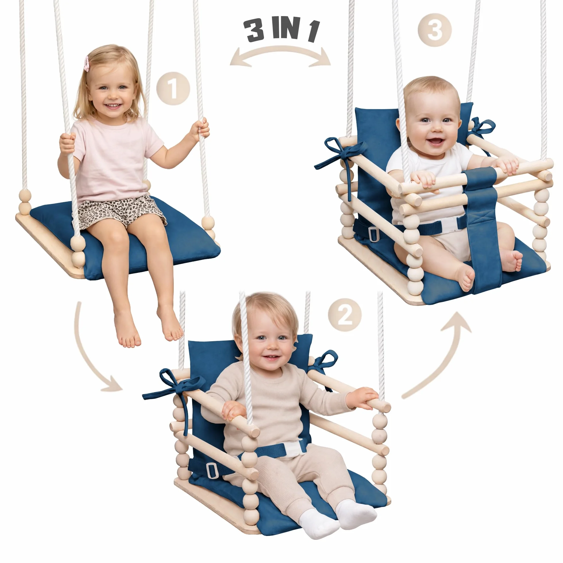 MAMOI® Huśtawka dziecięca 3 w 1 + PAS BEZPIECZEŃSTWA | Regulacja wysokości 190-260cm | Drewniana huśtawka dla dzieci | Wewnętrzna huśtawka dla dzieci do domu | CE | 100% ECO | Wyprodukowano w UE