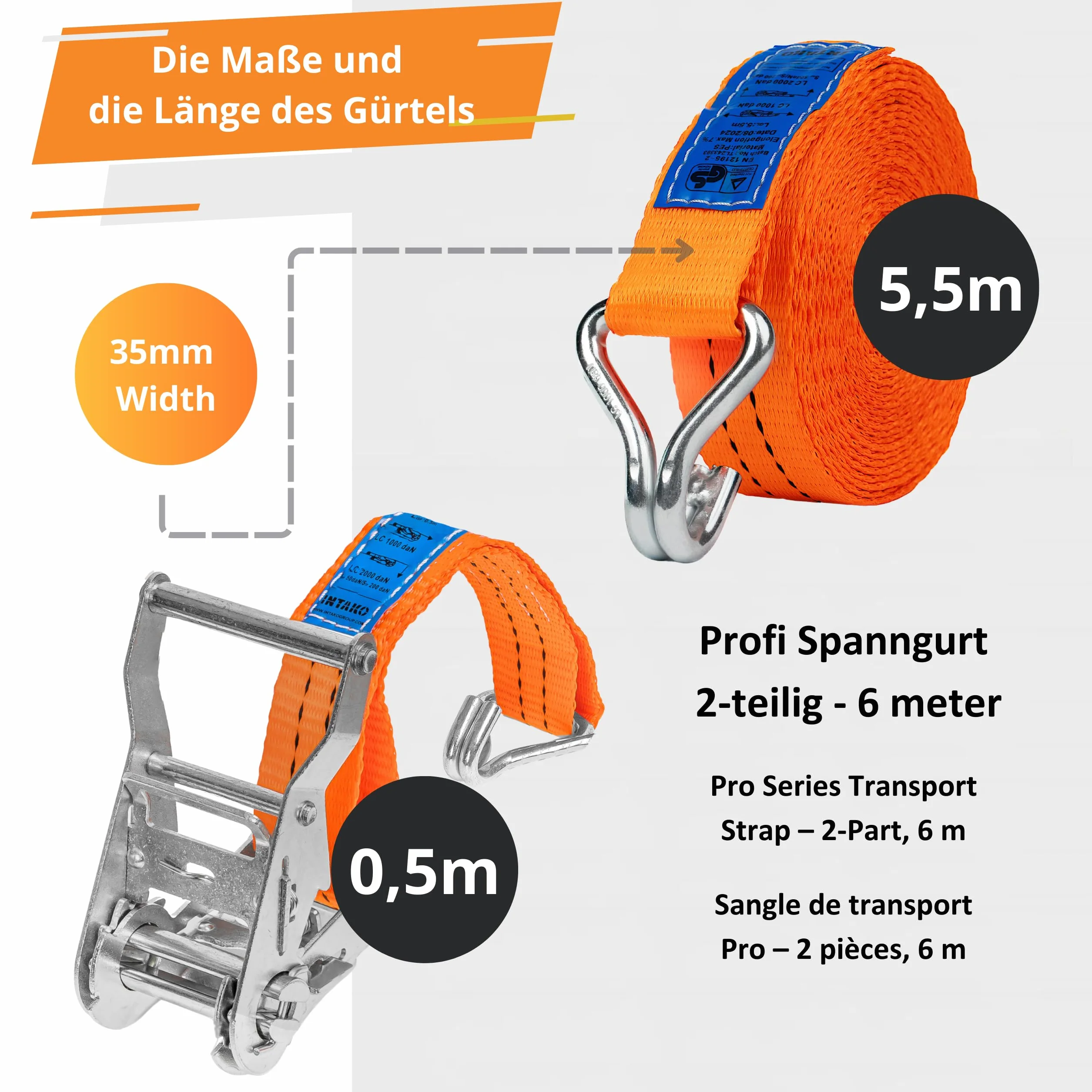 INTAKO Pasy Transportowe z Napinaczem 6m 2000kg 35mm Zestaw 4 Sztuk DIN EN 12195-2