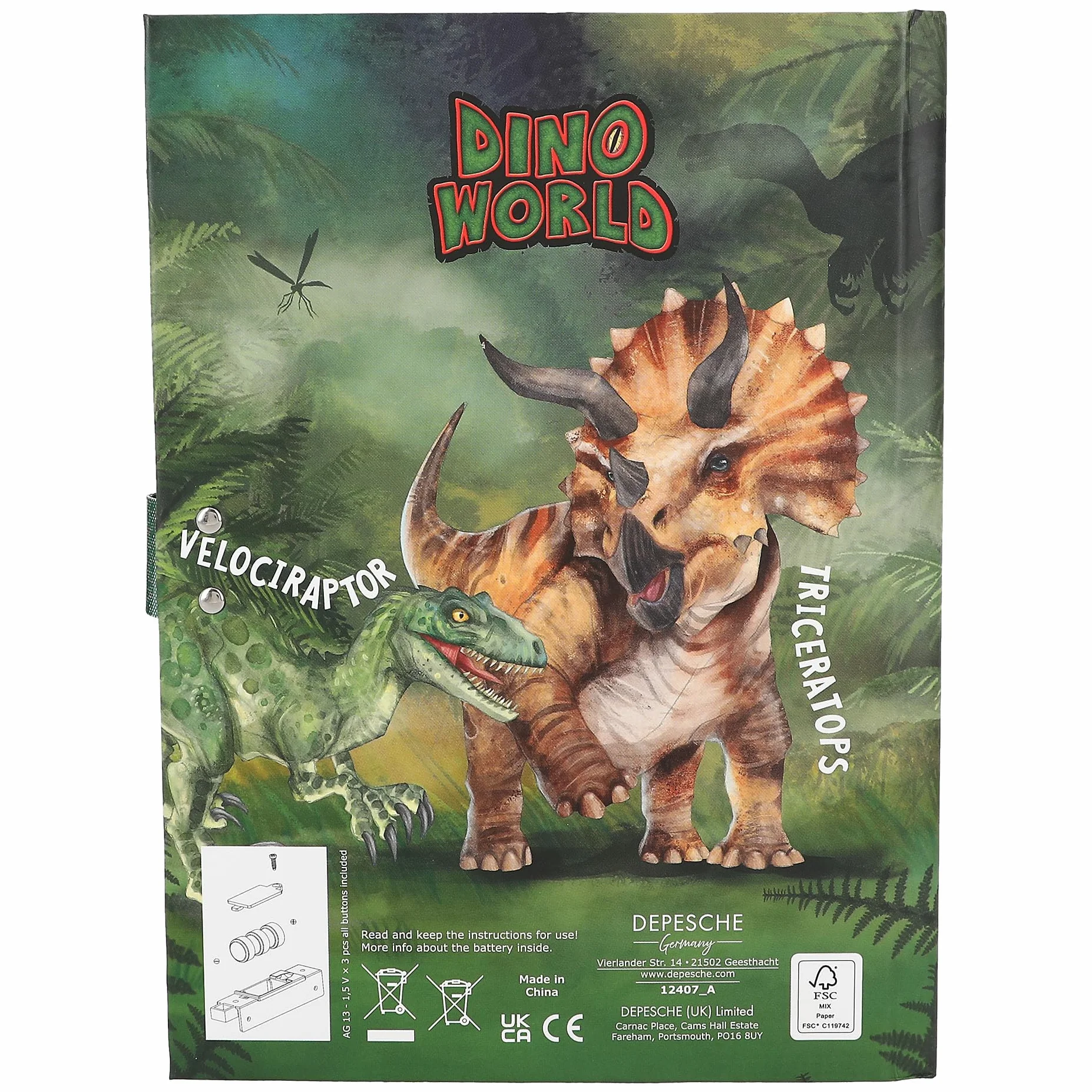 Depesche 12407 Dino World - Dziennik z kodem cyfrowym i dźwiękiem, książka z motywami dinozaurów i 80 kolorowych ilustrowanych stron w linie