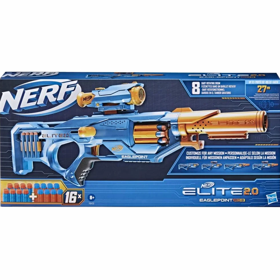 Wyrzutnia Nerf Elite 2.0 Eaglepoint RD-8, 8-strzałkowy magazynek bębnowy, zdejmowany celownik i lufa, 16 strzałek Nerf, mechanizm ryglowy