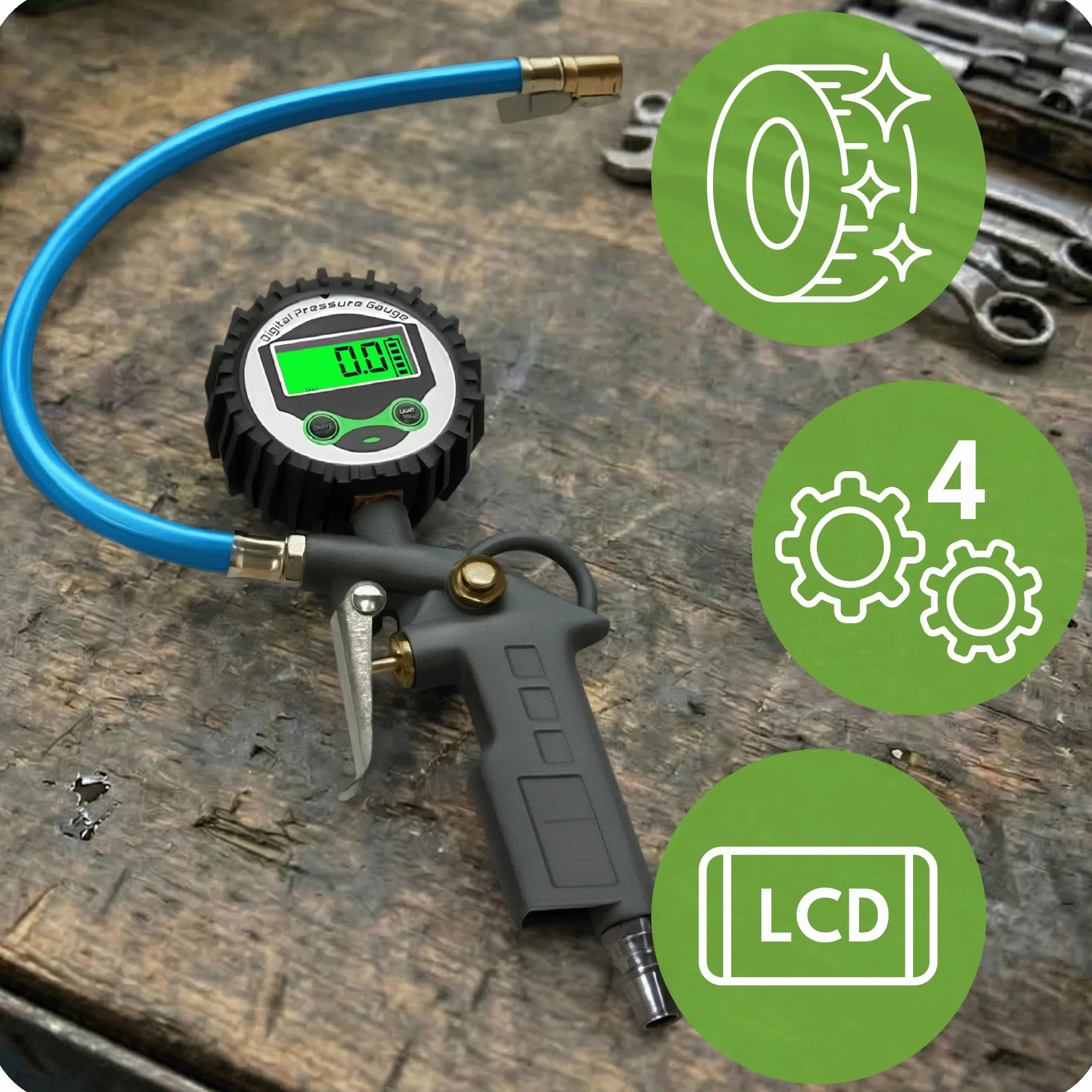 KRUMAD Cyfrowy ciśnieniomierz, pistolet pneumatyczny z wyświetlaczem LCD, zakres pomiaru manometru 0-16 bar, manometr sprężone powietrze, pistolet do pompowania opon z metalową obudową, kompresor
