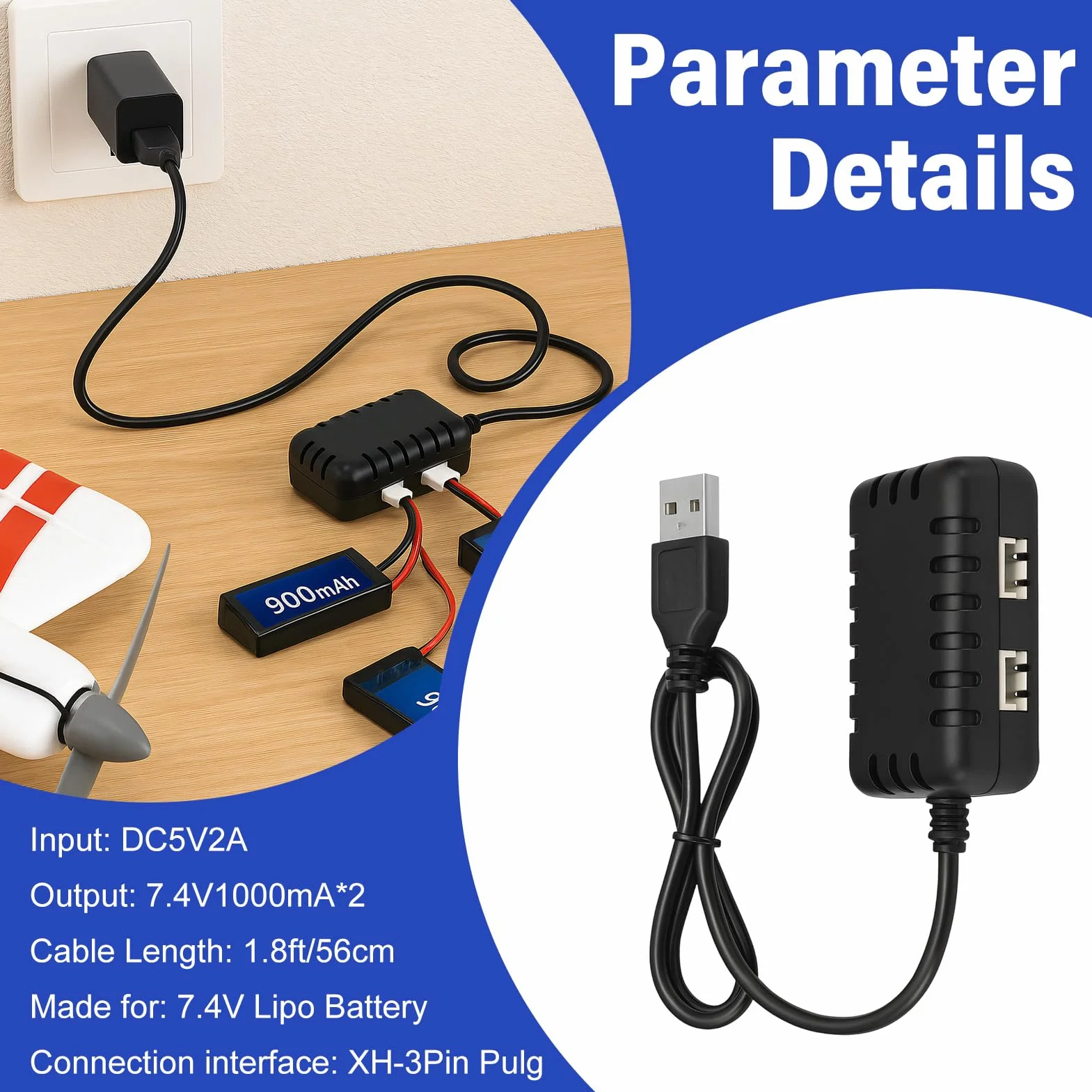 Ładowarka 7,4 V Lipo - z kablem USB do szybkiego ładowania 2 w 1