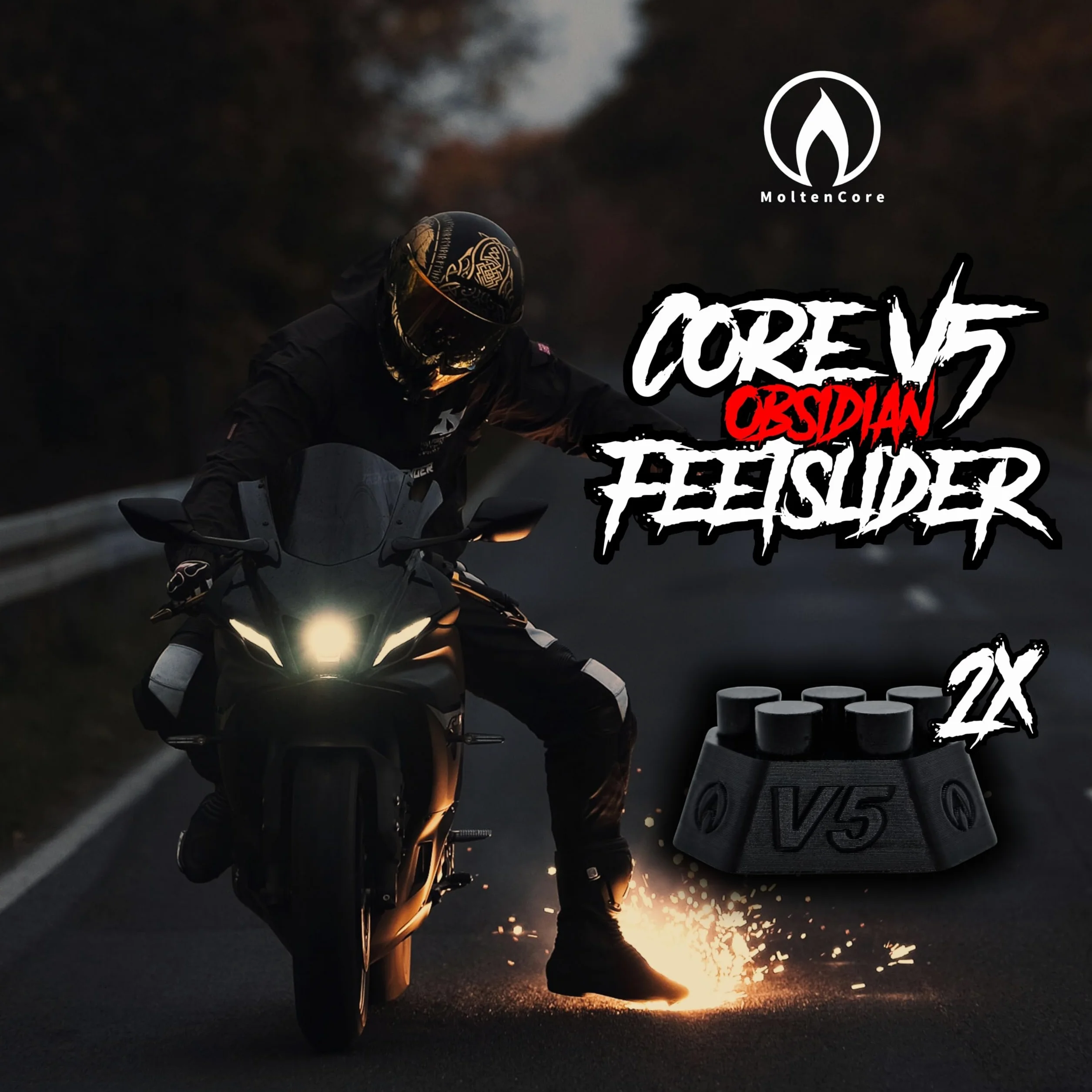 MoltenCore Core V5 Obsidian Ognisty Ślizgacz do Stopy Strong Flame Spark Motorcycle Feetslider zestaw 2 szt.