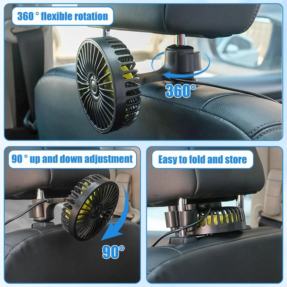 Foreverup Wentylator samochodowy USB, wentylator na tylne siedzenie z 3 regulowanymi prędkościami, wentylator samochodowy 12 V pasuje do sedanów, SUV, ciężarówek i kamperów, czarny
