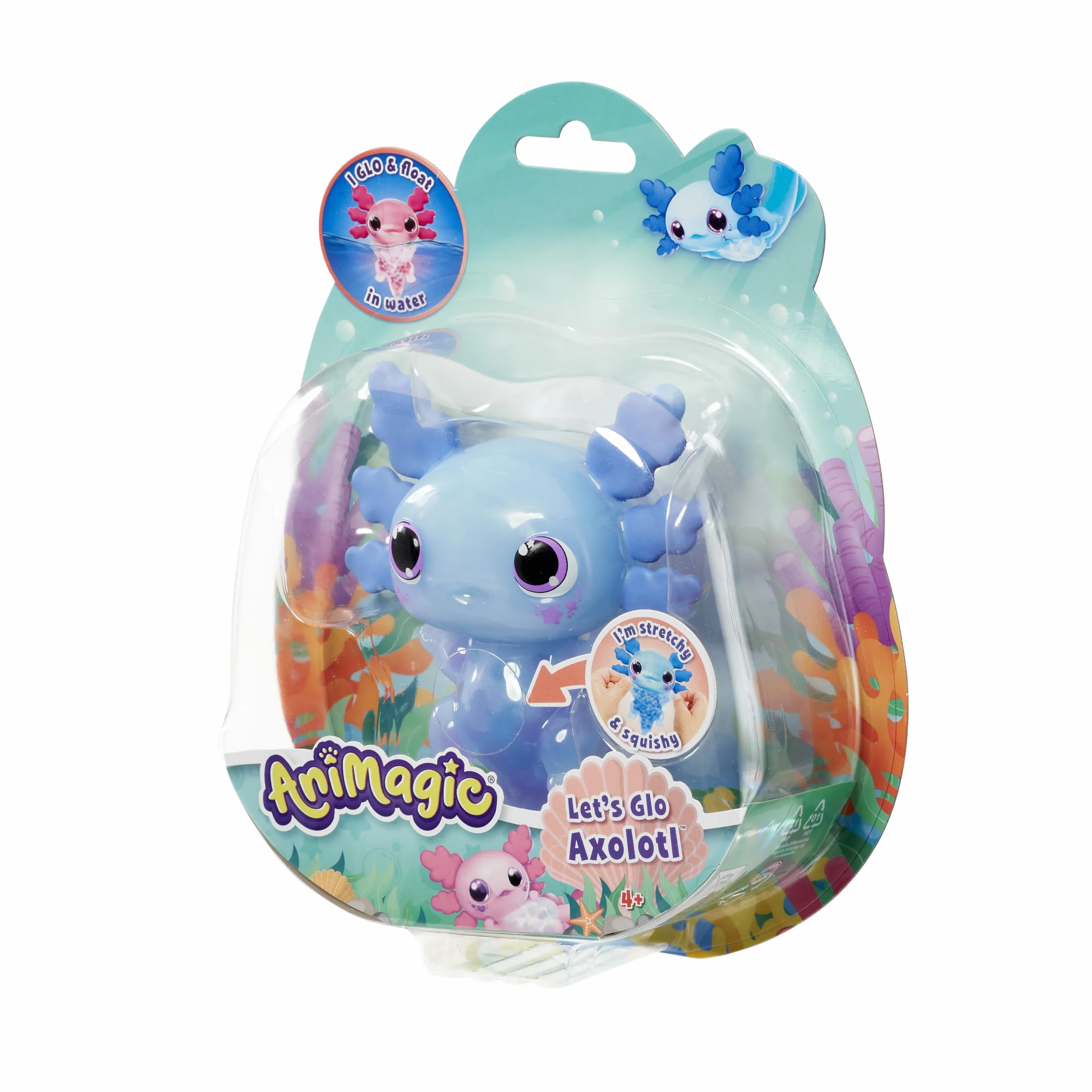 ANIMAGIC - Let's Glo Axolotl - Elektroniczny i świetlny zwierzak domowy - Niebieski - Dla dzieci od 4 lat - Gra sensoryczna i wrażenia dotykowe - Rozciągliwy korpus - Pływa i świeci w wodzie