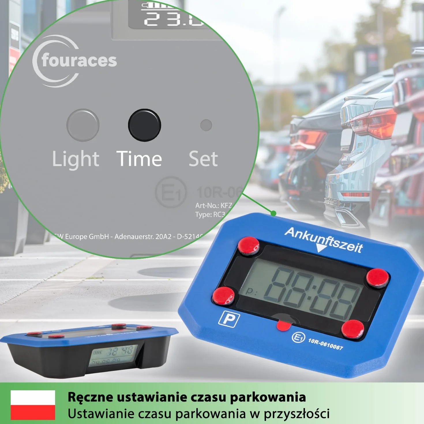 Fouraces elektroniczny czujnik parkowania z wymienną baterią automatyczny czas letni/zimowy niebieski