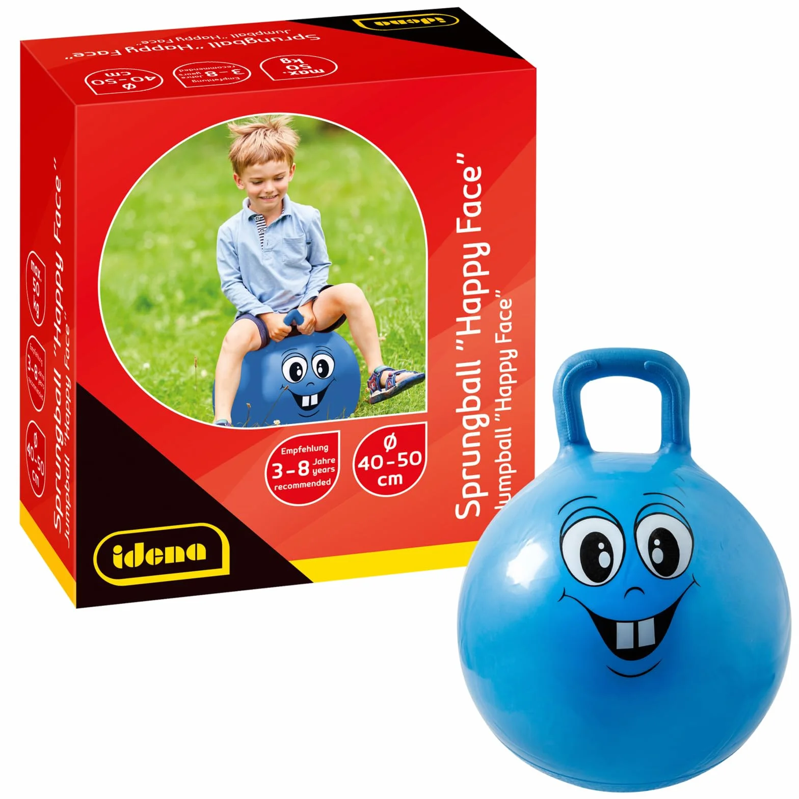 Idena 40094 - piłka do skakania Happy Face w kolorze niebieskim, średnica ok. 45-50 cm, obciążenie do 50 kg, idealna na lato, do parku lub przedszkola