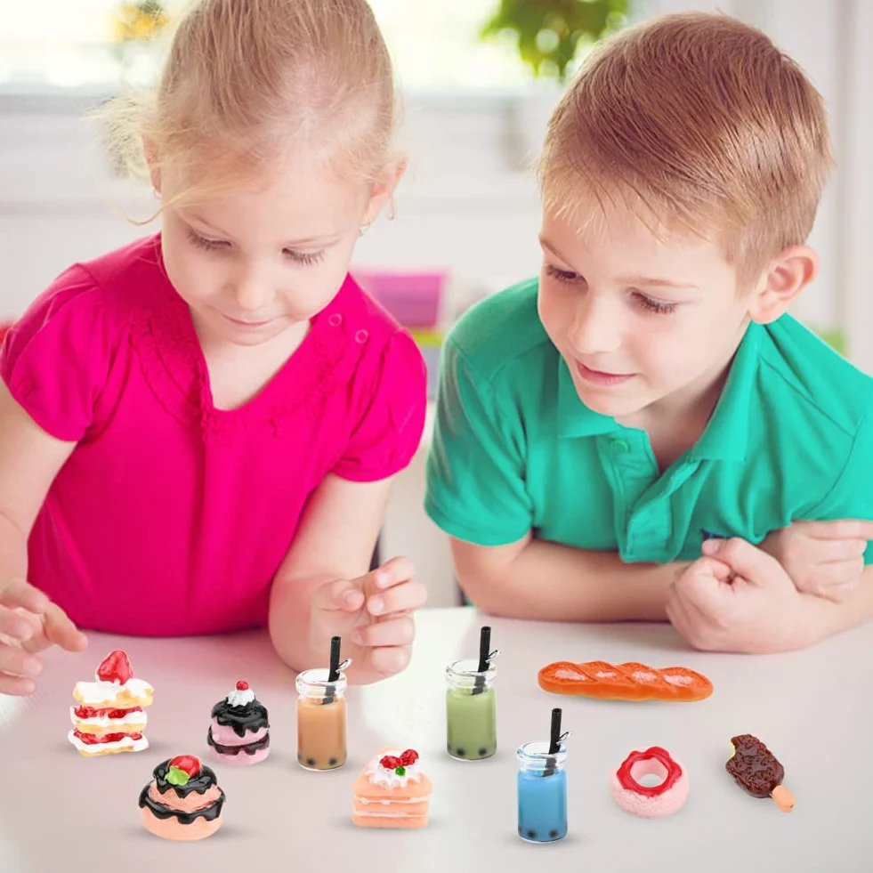 53 miniaturowe akcesorie do domku dla lalek, w tym ciasto z żywicy, chleb, lody, pączki i napoje, żywica do zabawy